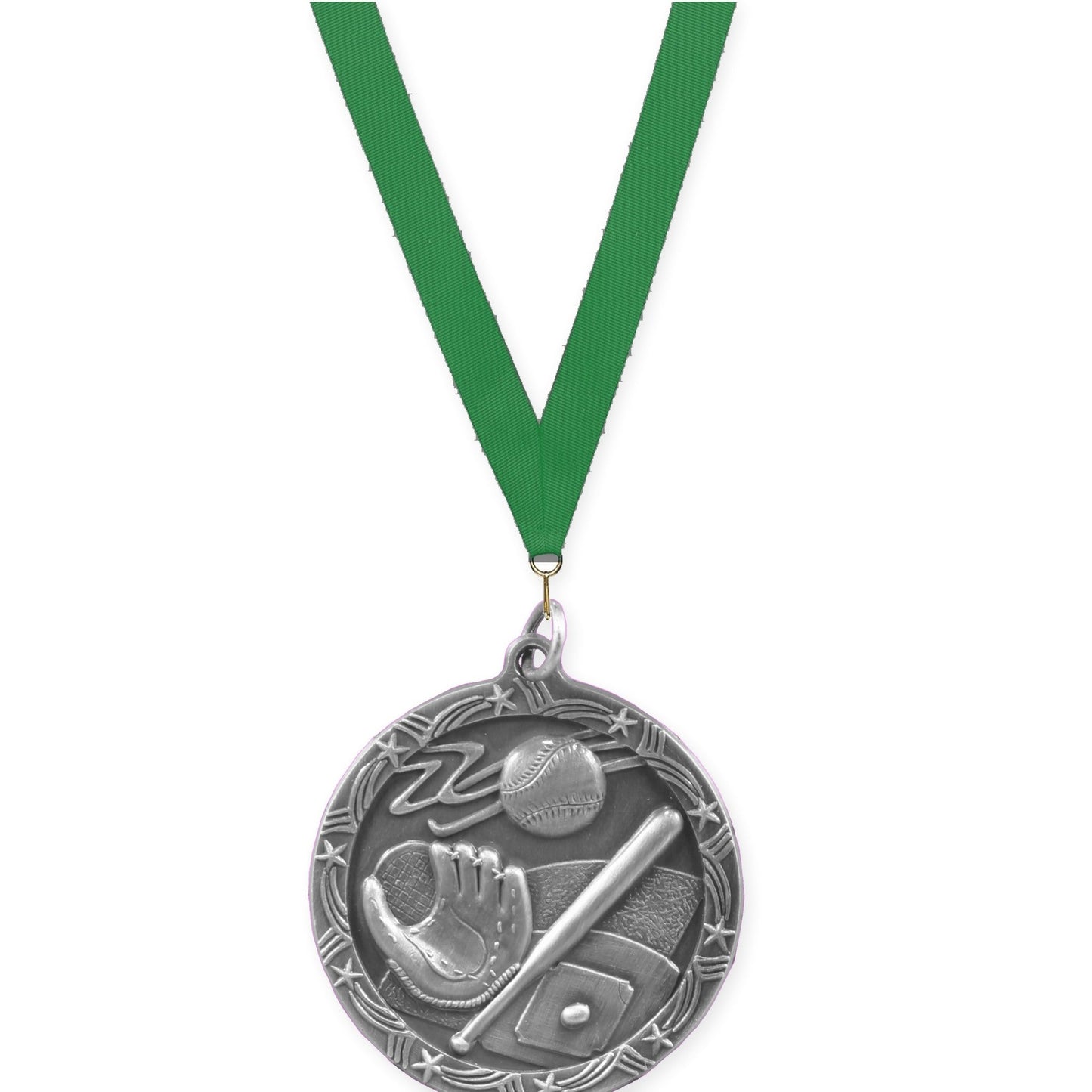 1 3/4 inch baseball and softball Shooting Star medal in antique silver with Green neck ribbon