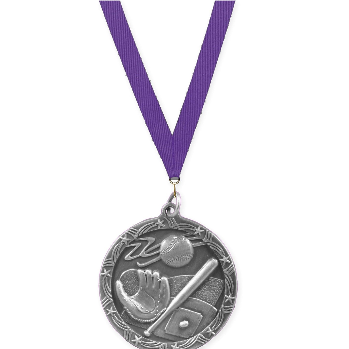 1 3/4 inch baseball and softball Shooting Star medal in antique silver with Purple neck ribbon