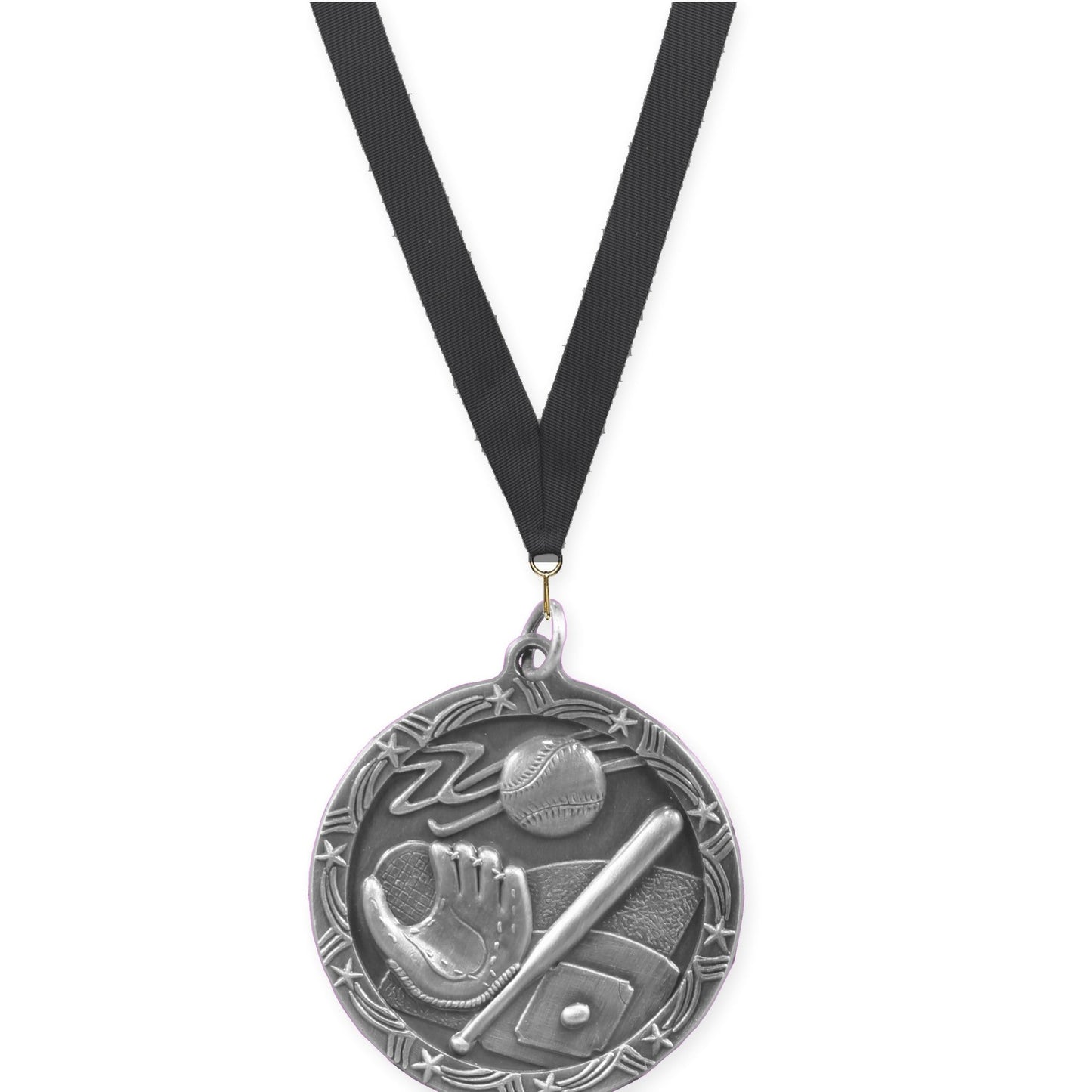 1 3/4 inch baseball and softball Shooting Star medal in antique silver with Black neck ribbon