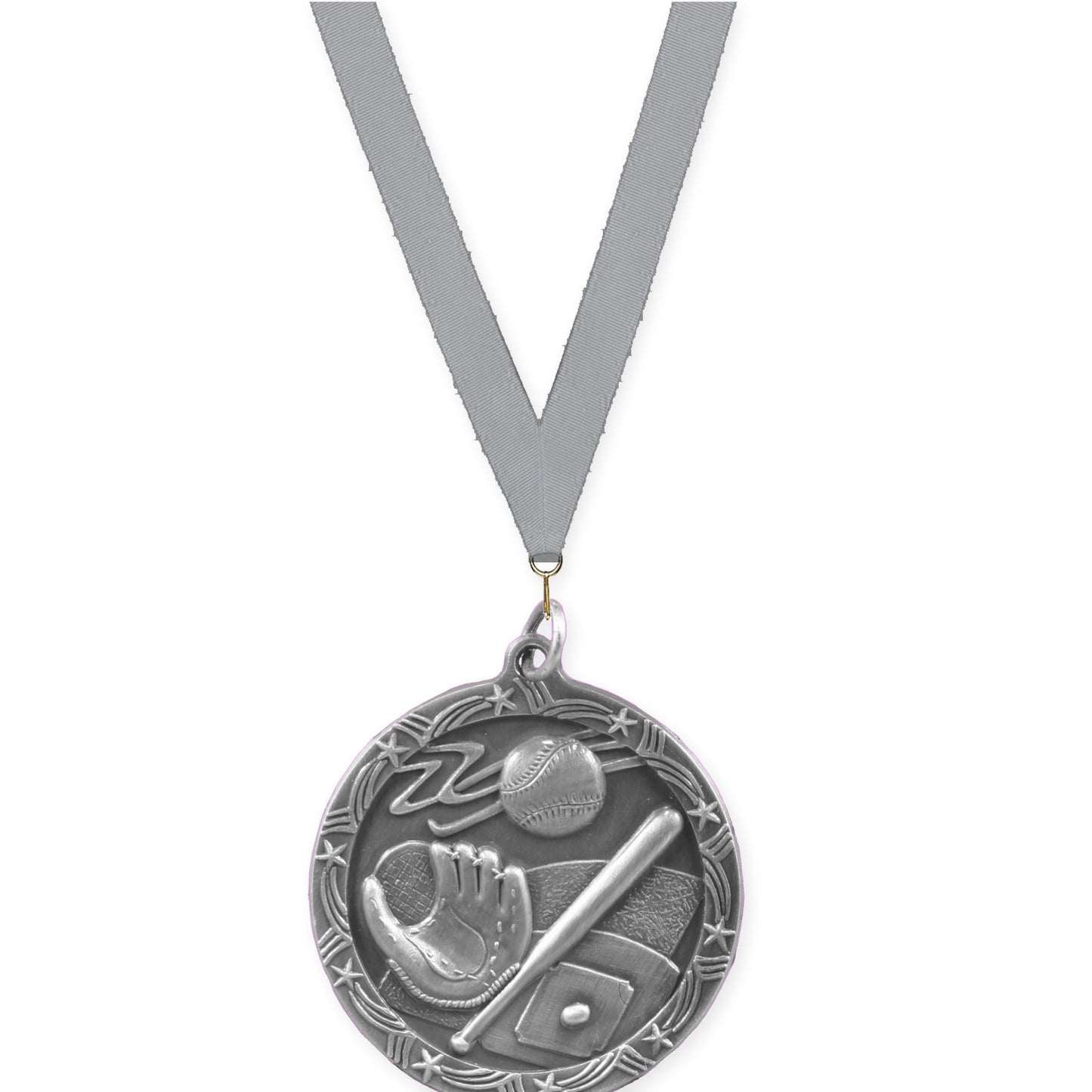 1 3/4 inch baseball and softball Shooting Star medal in antique silver with Gray neck ribbon