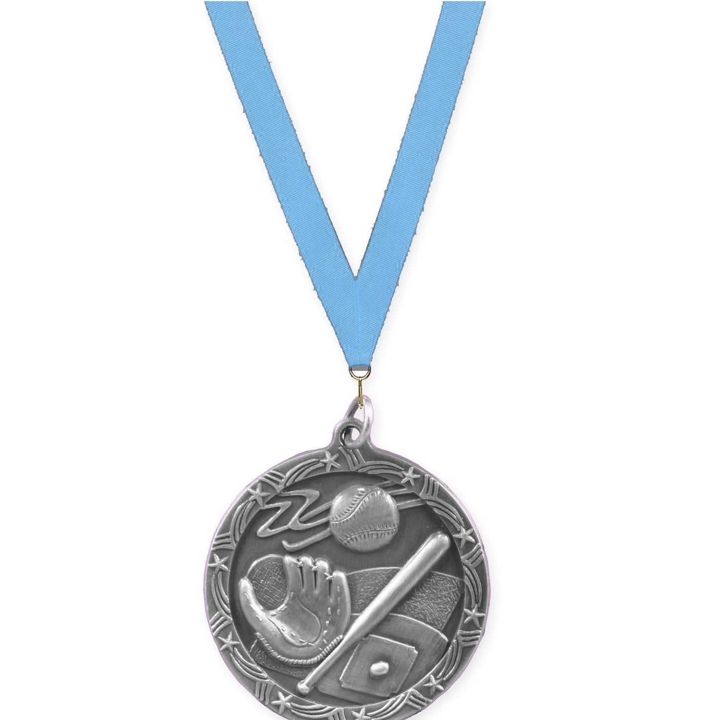 1 3/4 inch baseball and softball Shooting Star medal in antique silver with Light Blue neck ribbon