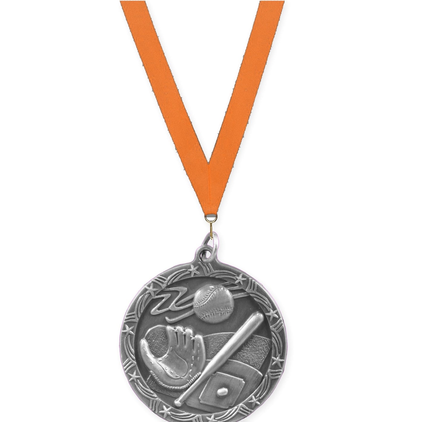 1 3/4 inch baseball and softball Shooting Star medal in antique silver with Orange neck ribbon