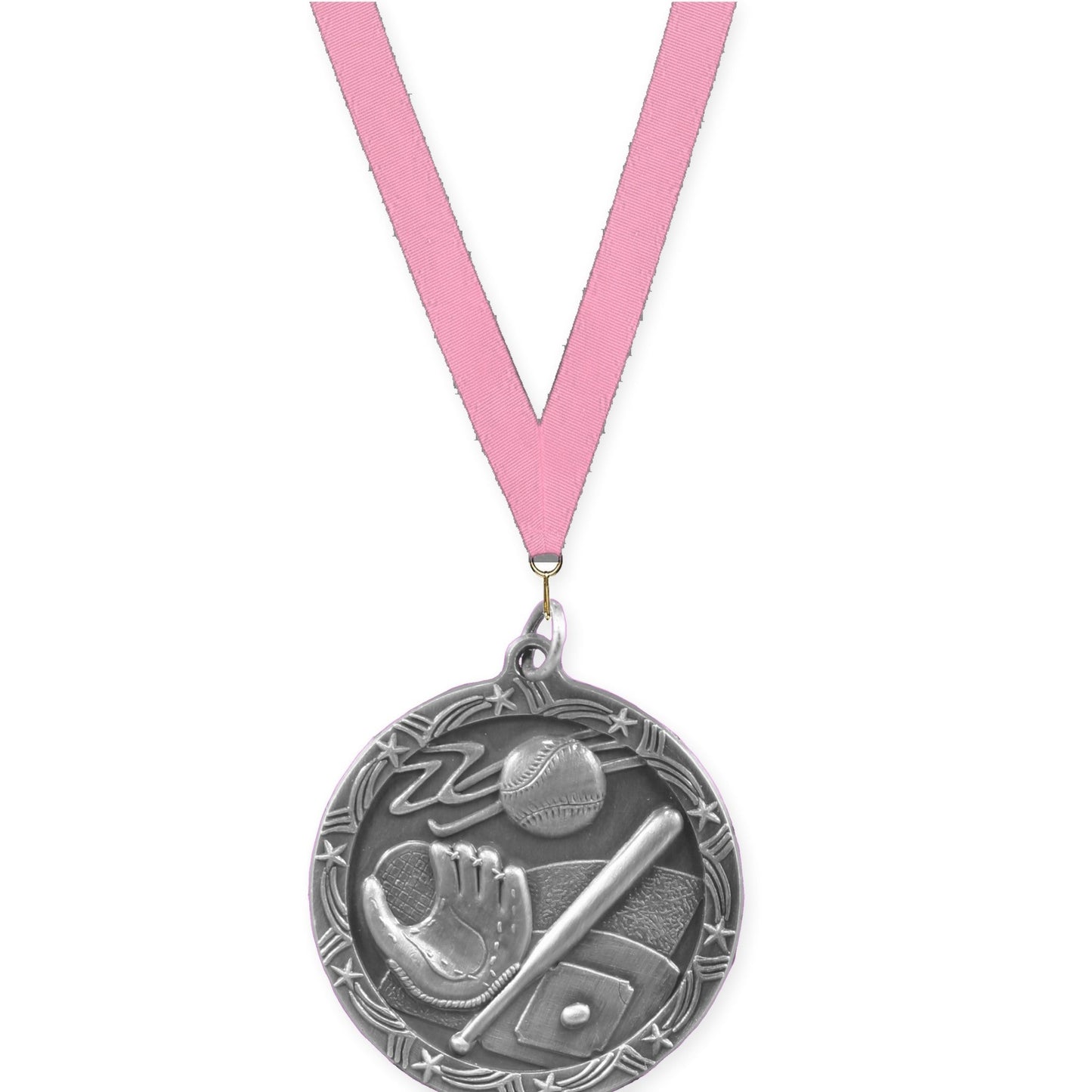 1 3/4 inch baseball and softball Shooting Star medal in antique silver with Pink neck ribbon