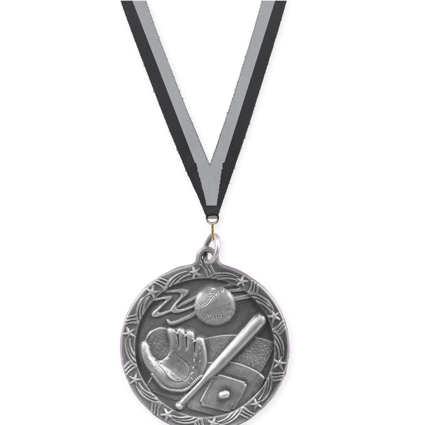 1 3/4 inch baseball and softball Shooting Star medal in antique silver with Black Gray neck ribbon