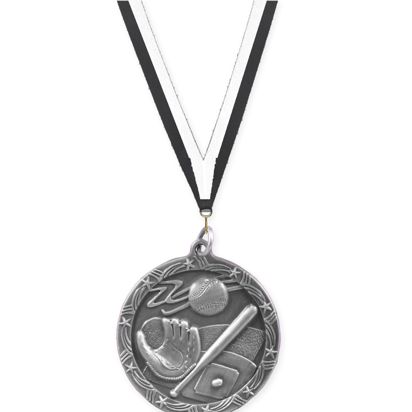 1 3/4 inch baseball and softball Shooting Star medal in antique silver with Black White neck ribbon