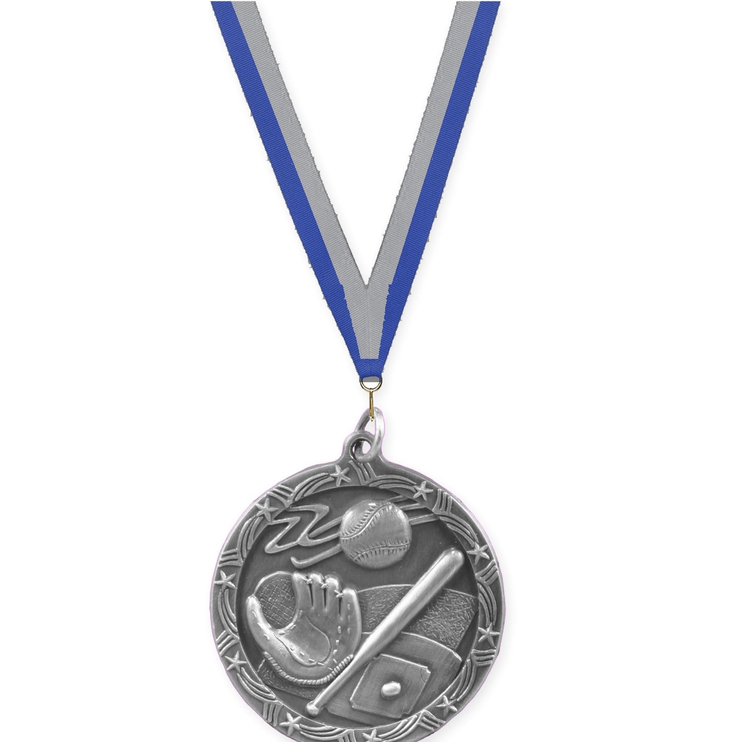 1 3/4 inch baseball and softball Shooting Star medal in antique silver with Blue Gray neck ribbon