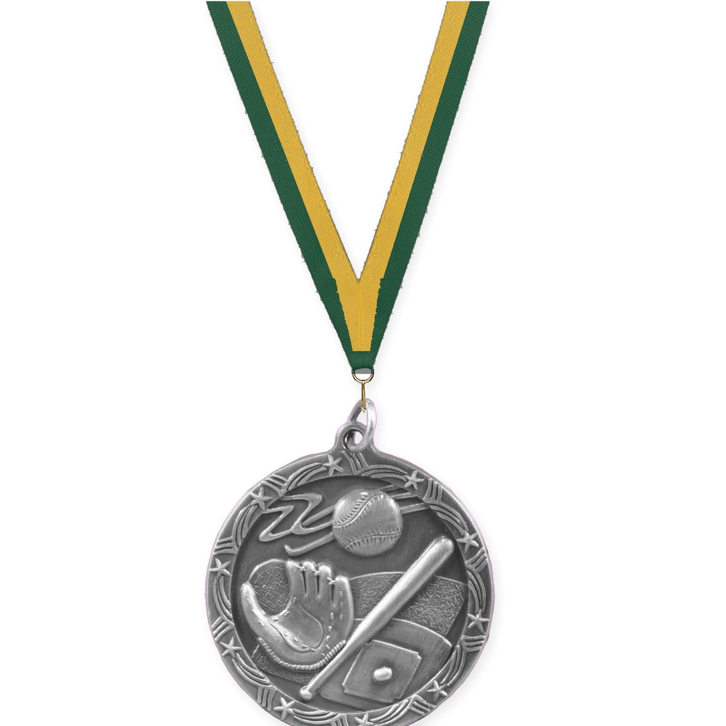 1 3/4 inch baseball and softball Shooting Star medal in antique silver with Hunter Green Gold neck ribbon