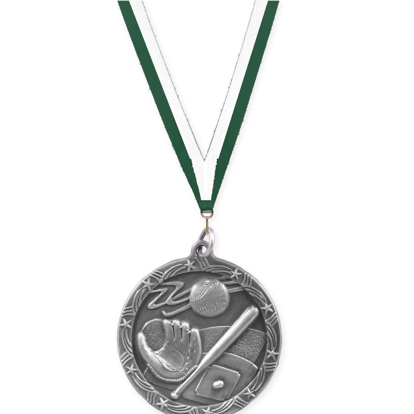 1 3/4 inch baseball and softball Shooting Star medal in antique silver with Hunter Green White neck ribbon