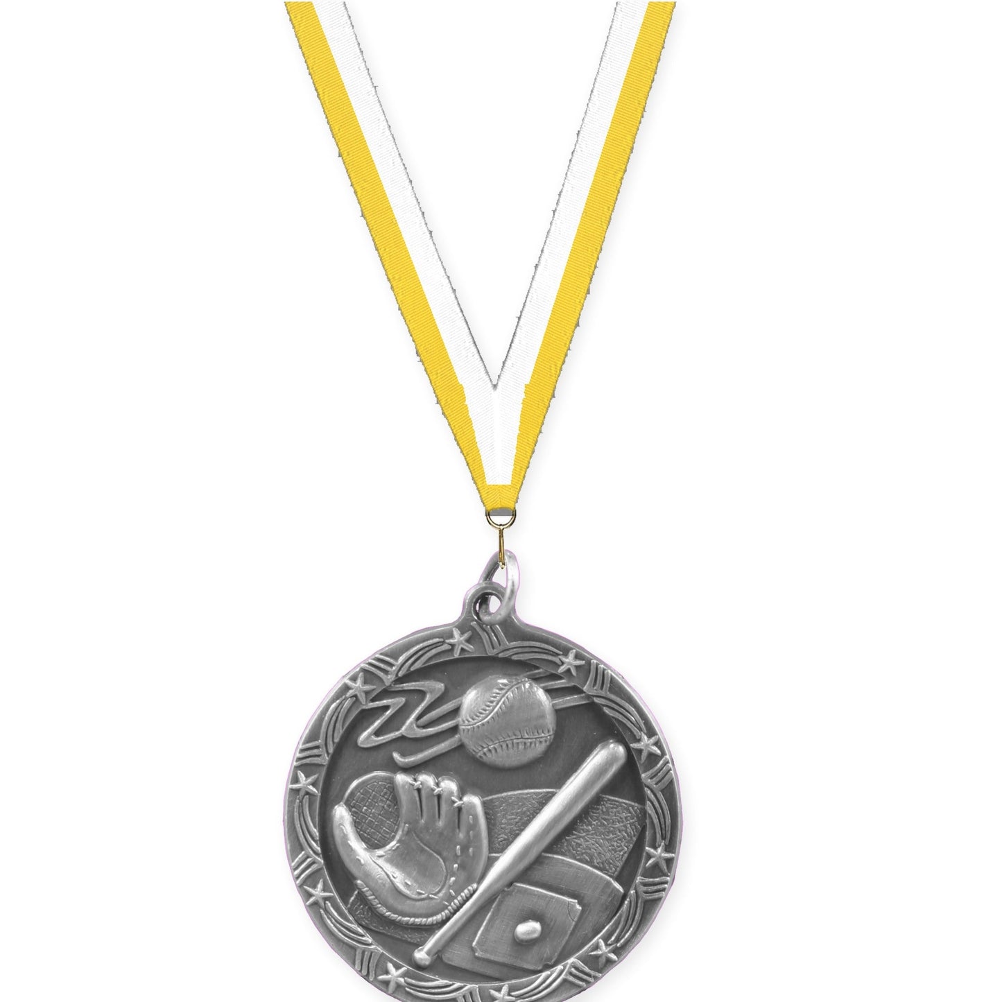 1 3/4 inch baseball and softball Shooting Star medal in antique silver with Yellow White neck ribbon