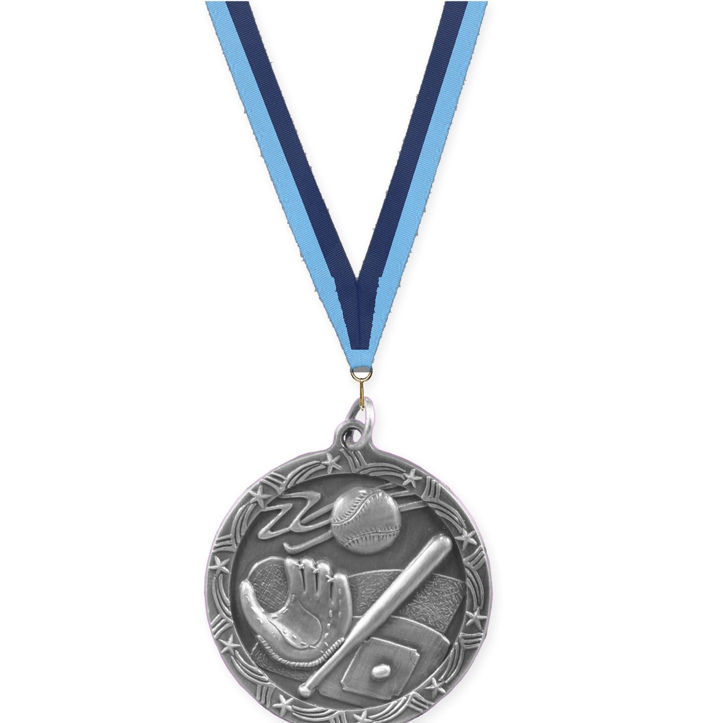 1 3/4 inch baseball and softball Shooting Star medal in antique silver with Light Blue Navy neck ribbon