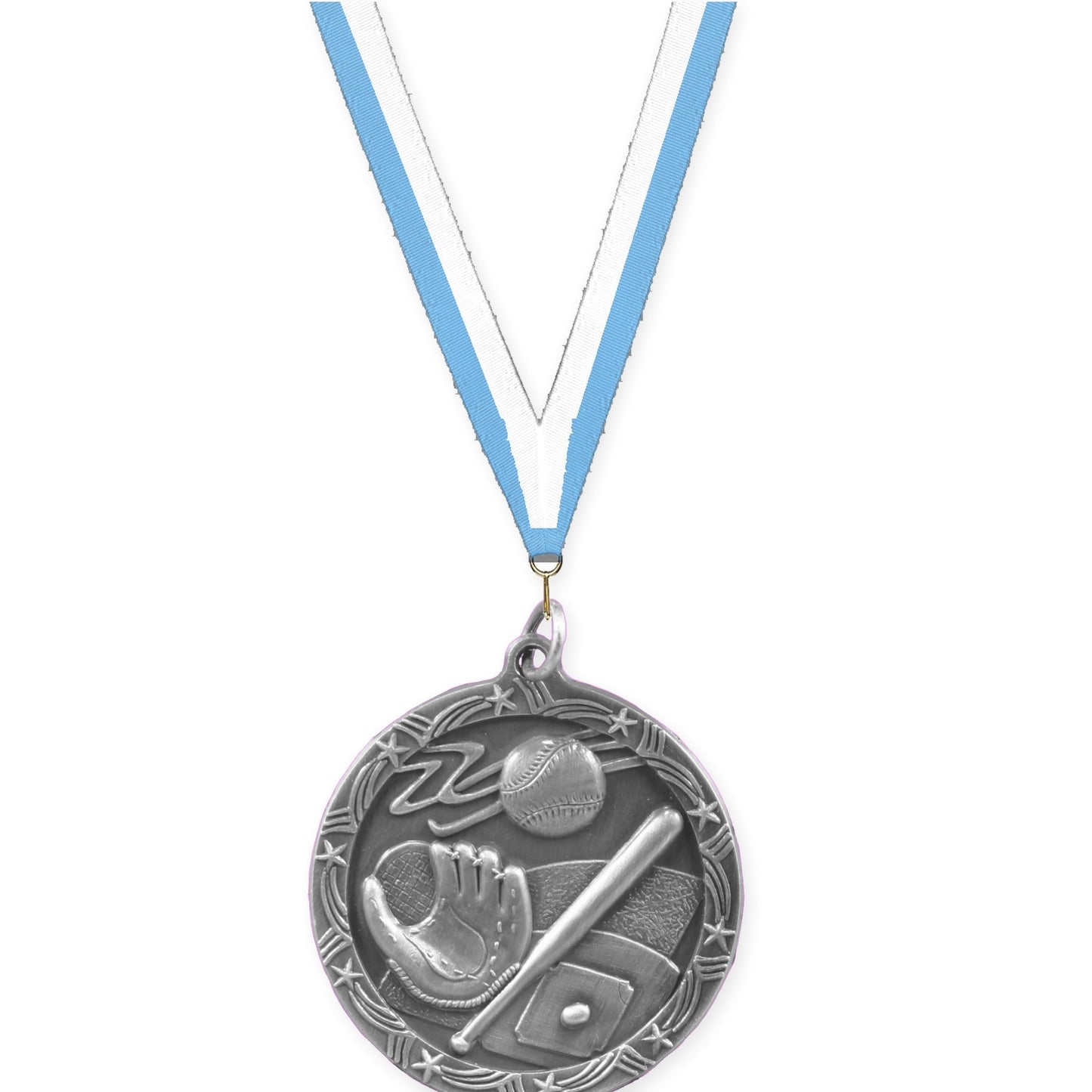 1 3/4 inch baseball and softball Shooting Star medal in antique silver with Light Blue White neck ribbon