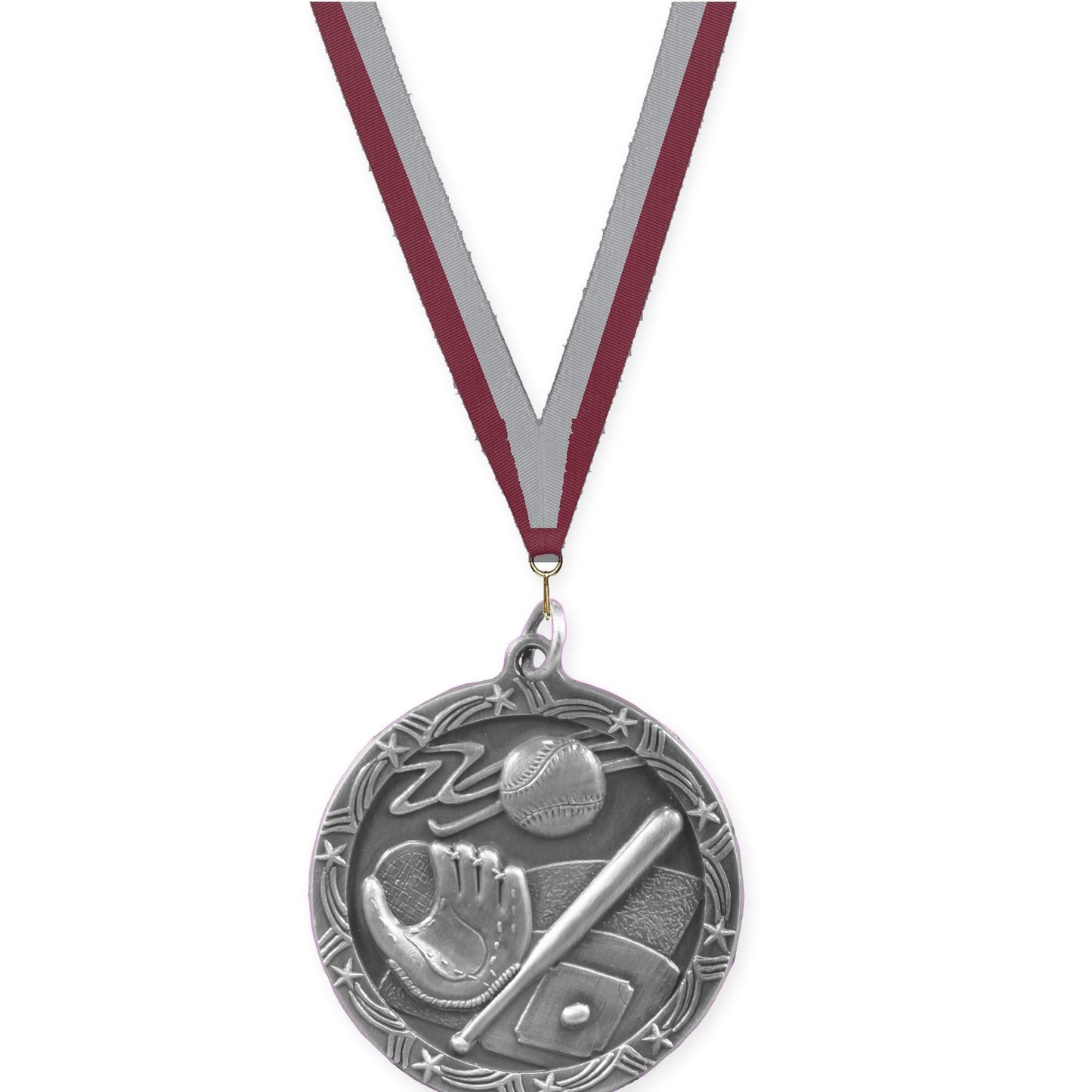 1 3/4 inch baseball and softball Shooting Star medal in antique silver with Maroon Gray neck ribbon