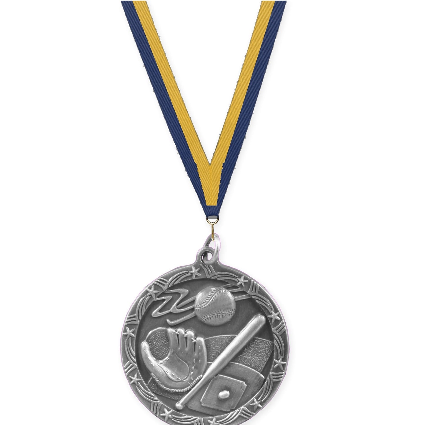 1 3/4 inch baseball and softball Shooting Star medal in antique silver with Navy Gold neck ribbon