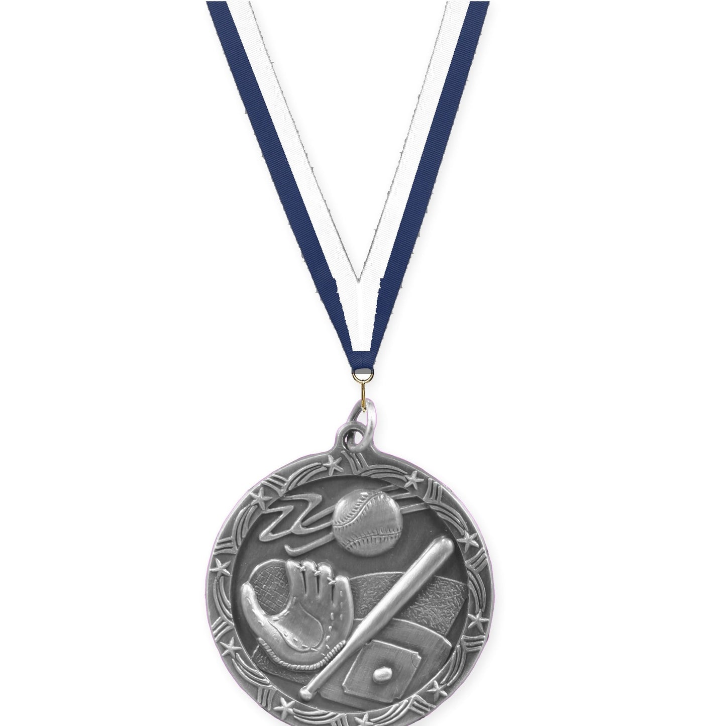1 3/4 inch baseball and softball Shooting Star medal in antique silver with Navy White neck ribbon