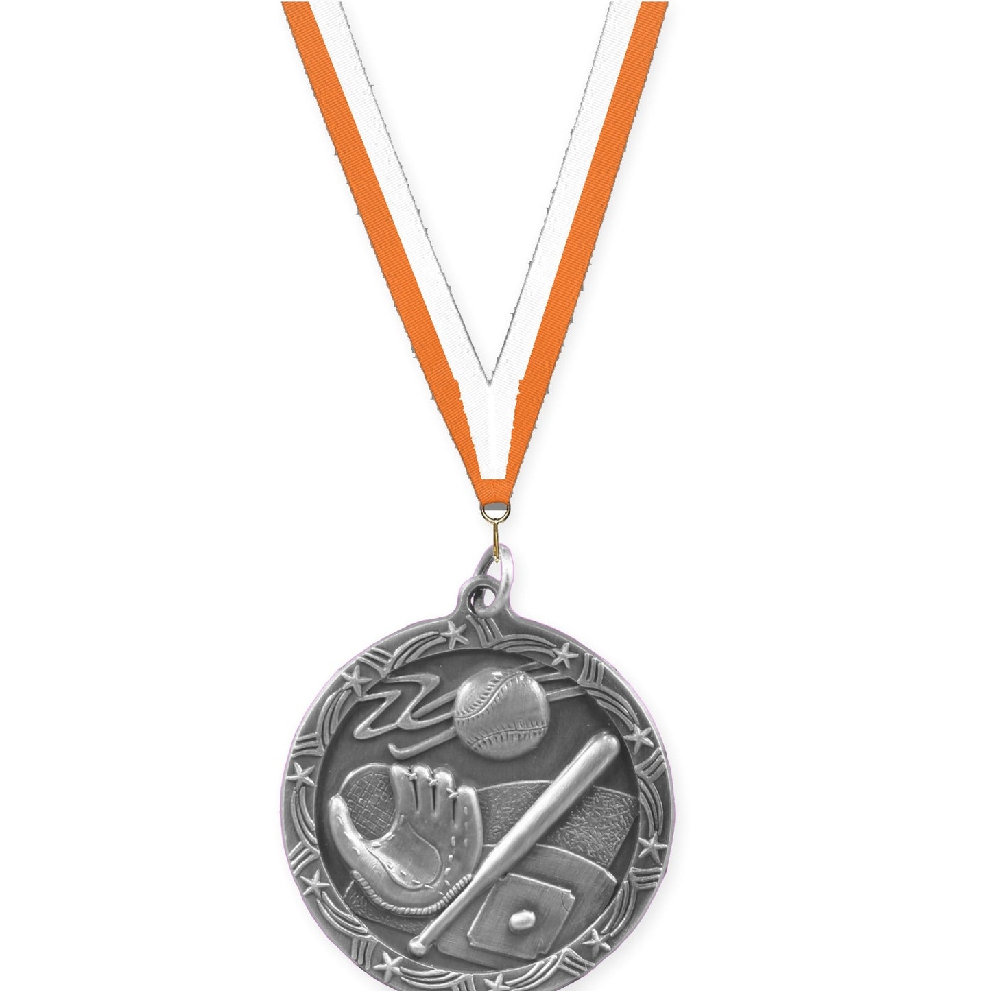 1 3/4 inch baseball and softball Shooting Star medal in antique silver with Orange White neck ribbon