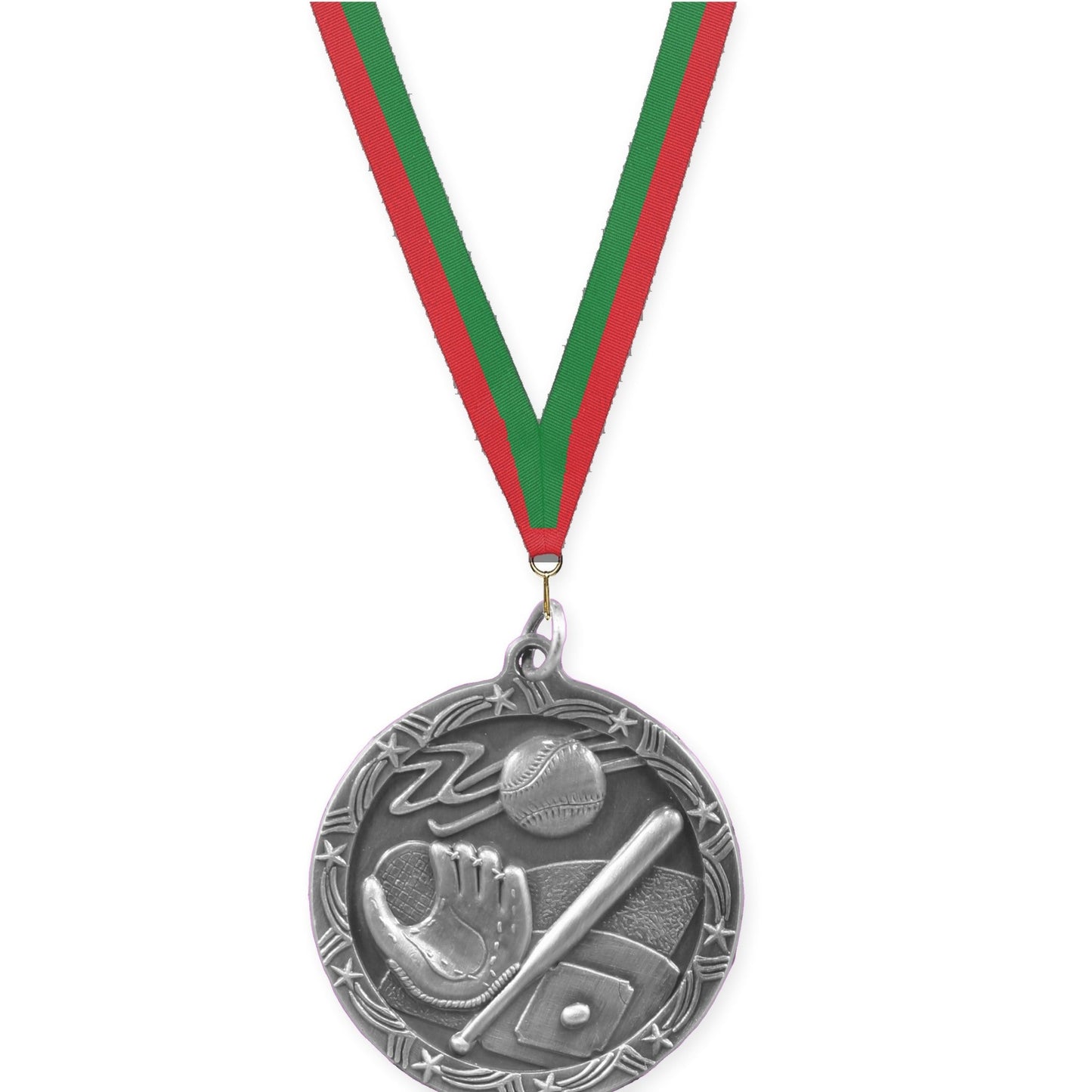 1 3/4 inch baseball and softball Shooting Star medal in antique silver with Red Green neck ribbon