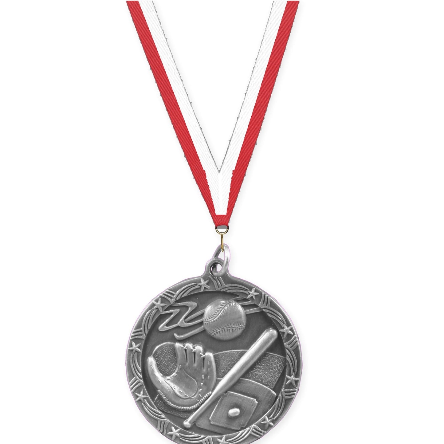 1 3/4 inch baseball and softball Shooting Star medal in antique silver with Red White neck ribbon