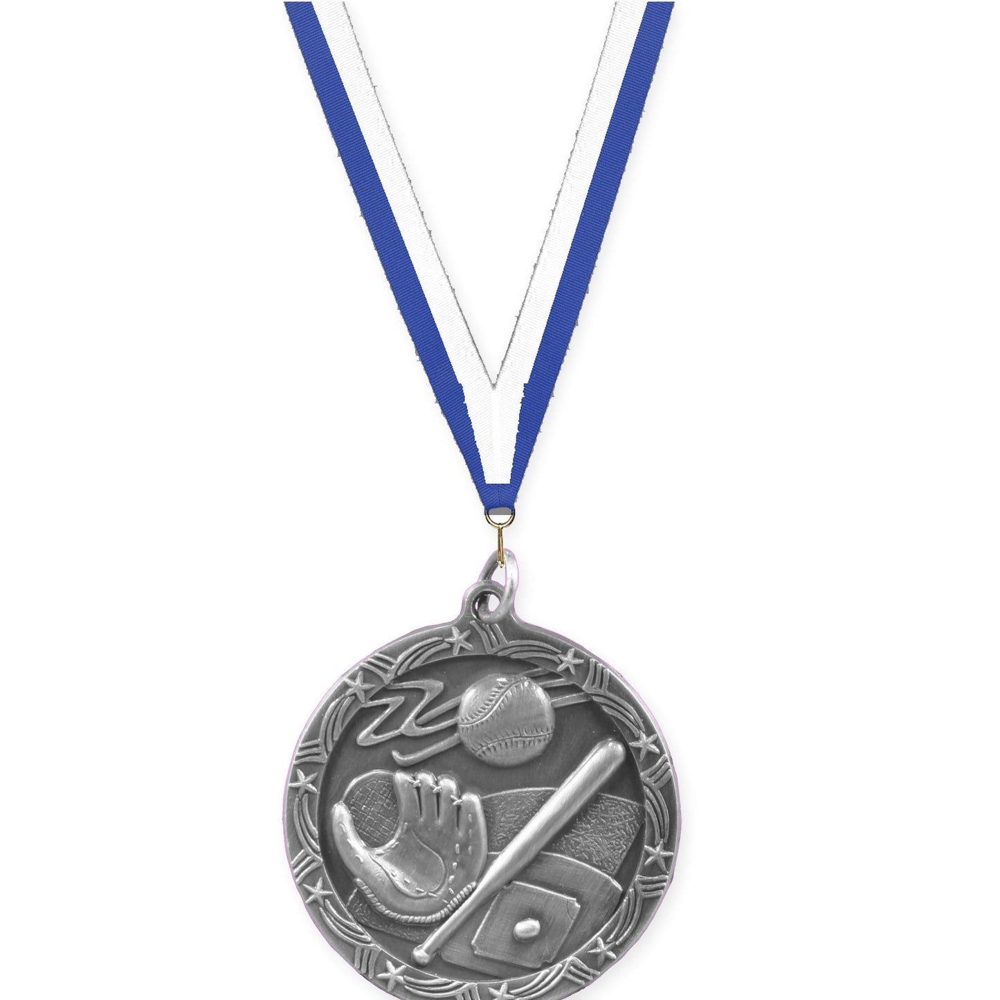 1 3/4 inch baseball and softball Shooting Star medal in antique silver with Blue White neck ribbon