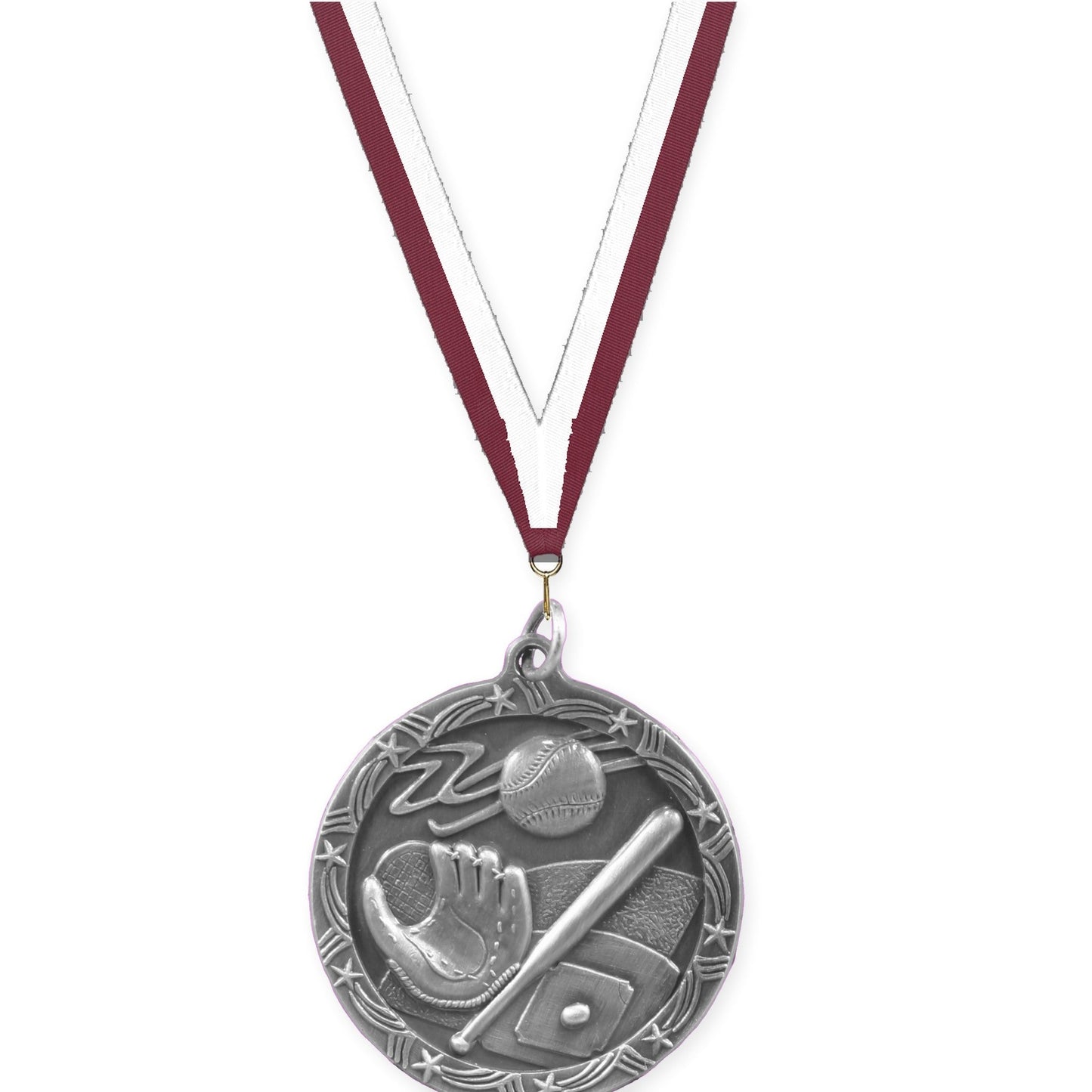 1 3/4 inch baseball and softball Shooting Star medal in antique silver with Maroon White neck ribbon