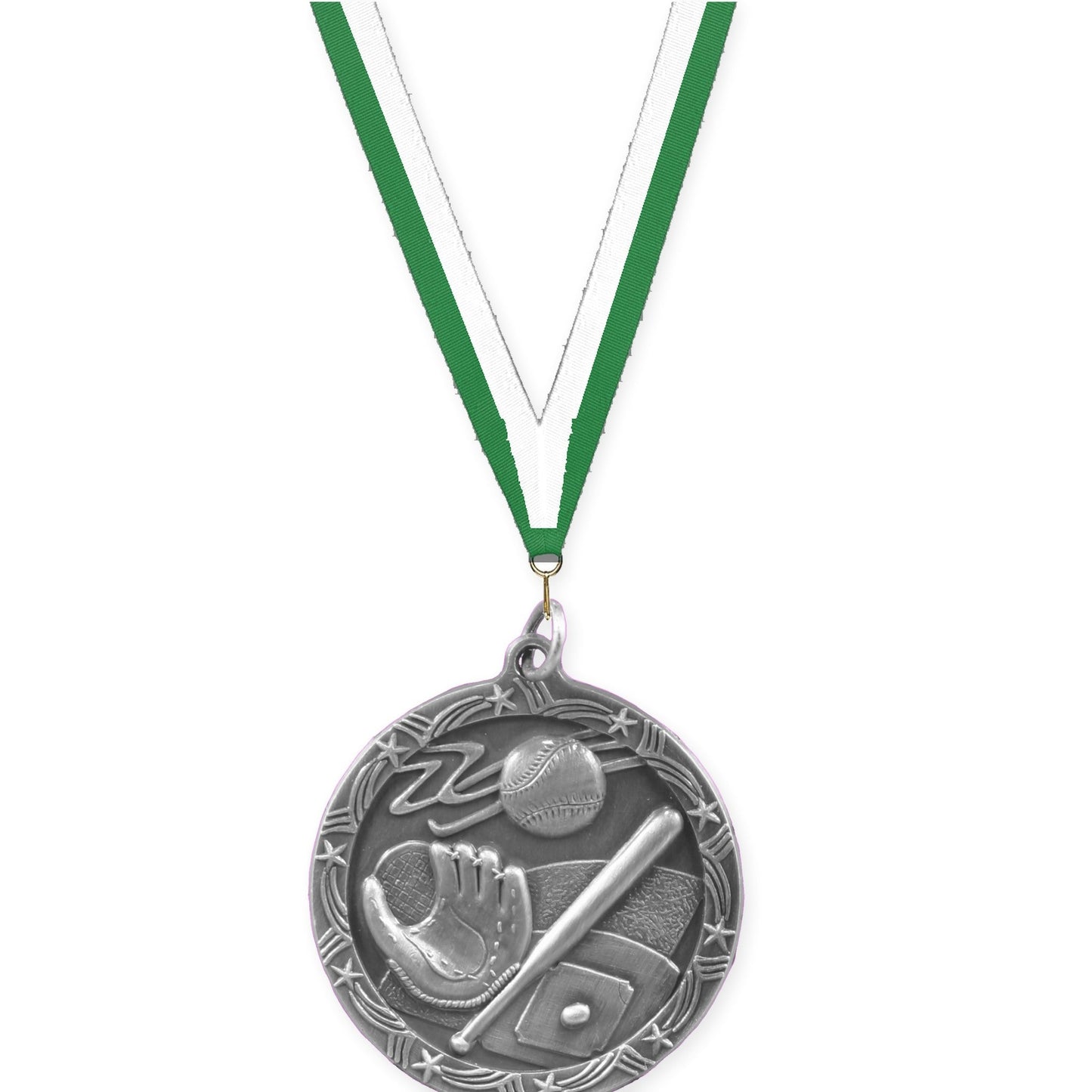 1 3/4 inch baseball and softball Shooting Star medal in antique silver with Green White neck ribbon