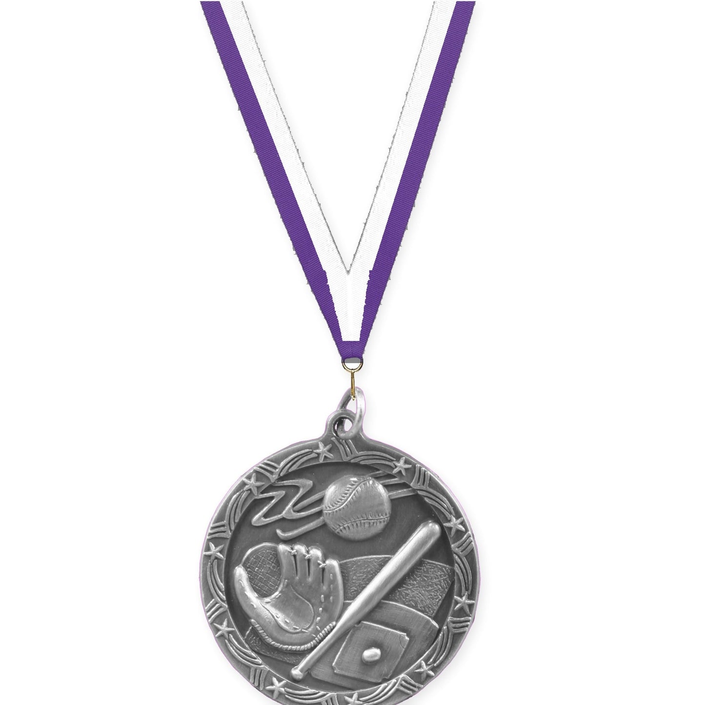 1 3/4 inch baseball and softball Shooting Star medal in antique silver with Purple White neck ribbon