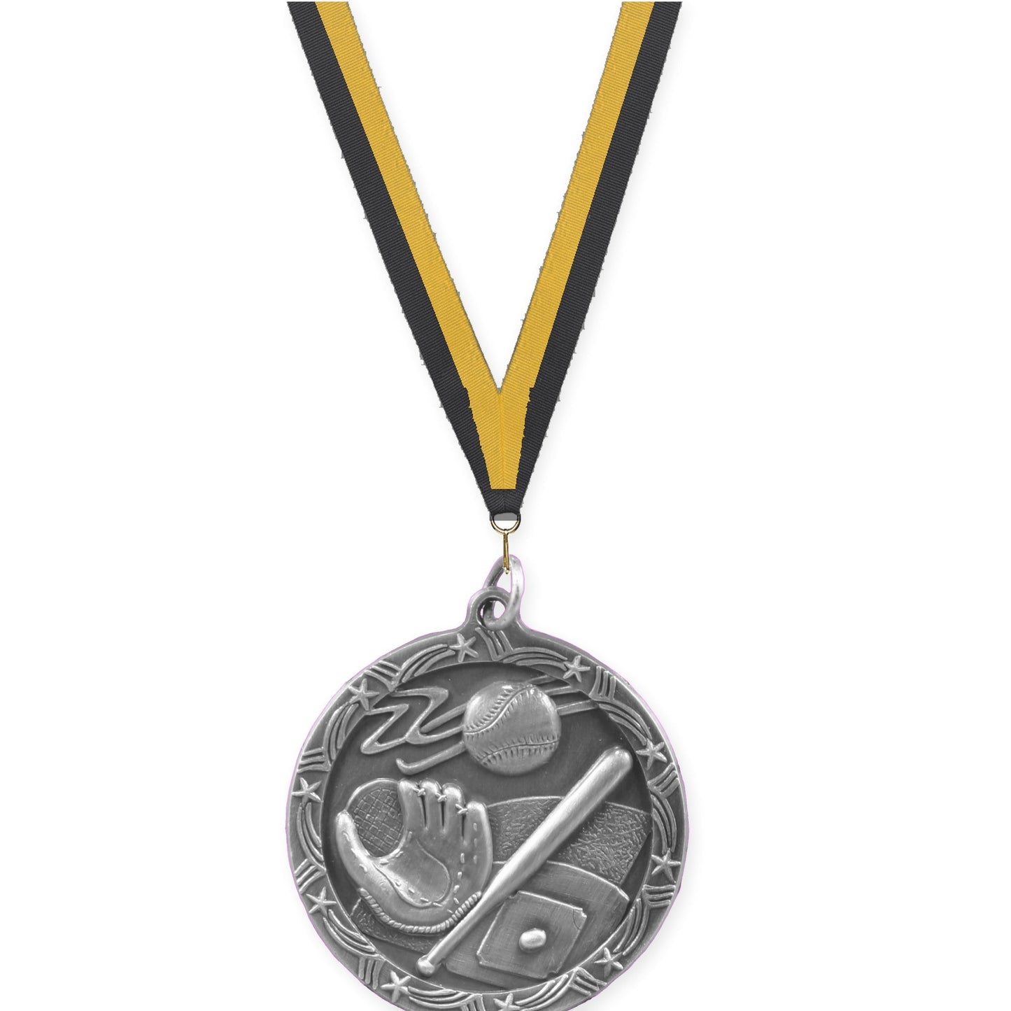 1 3/4 inch baseball and softball Shooting Star medal in antique silver with Black Gold neck ribbon