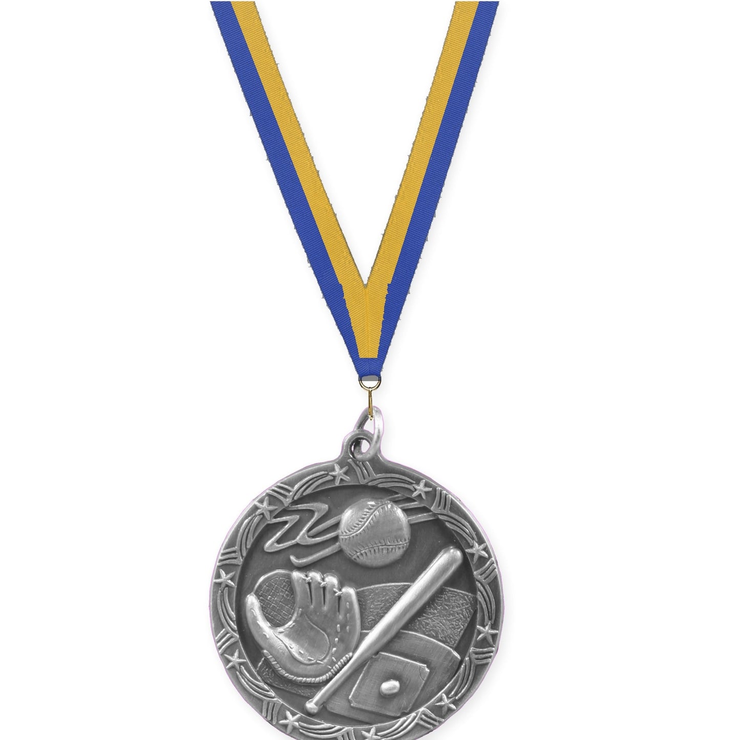 1 3/4 inch baseball and softball Shooting Star medal in antique silver with Blue Gold neck ribbon