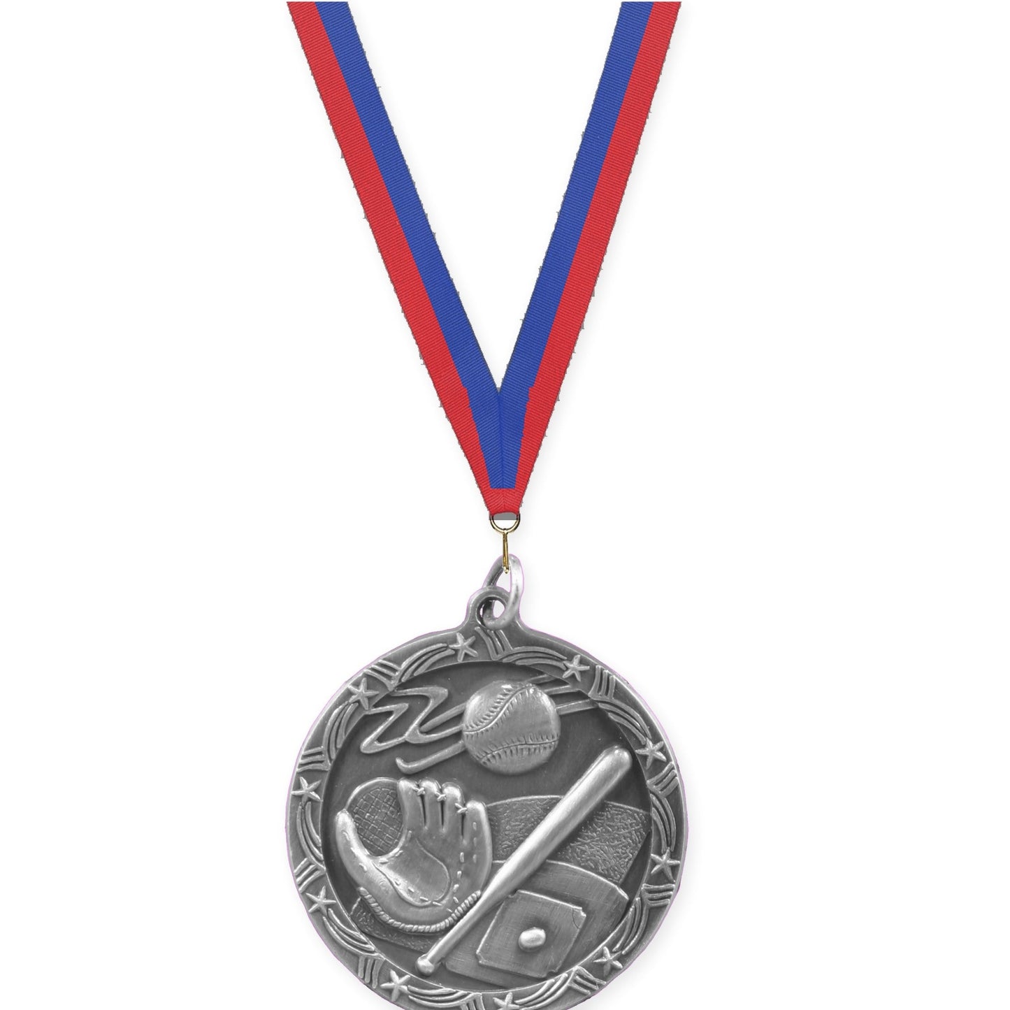 1 3/4 inch baseball and softball Shooting Star medal in antique silver with Blue Red neck ribbon