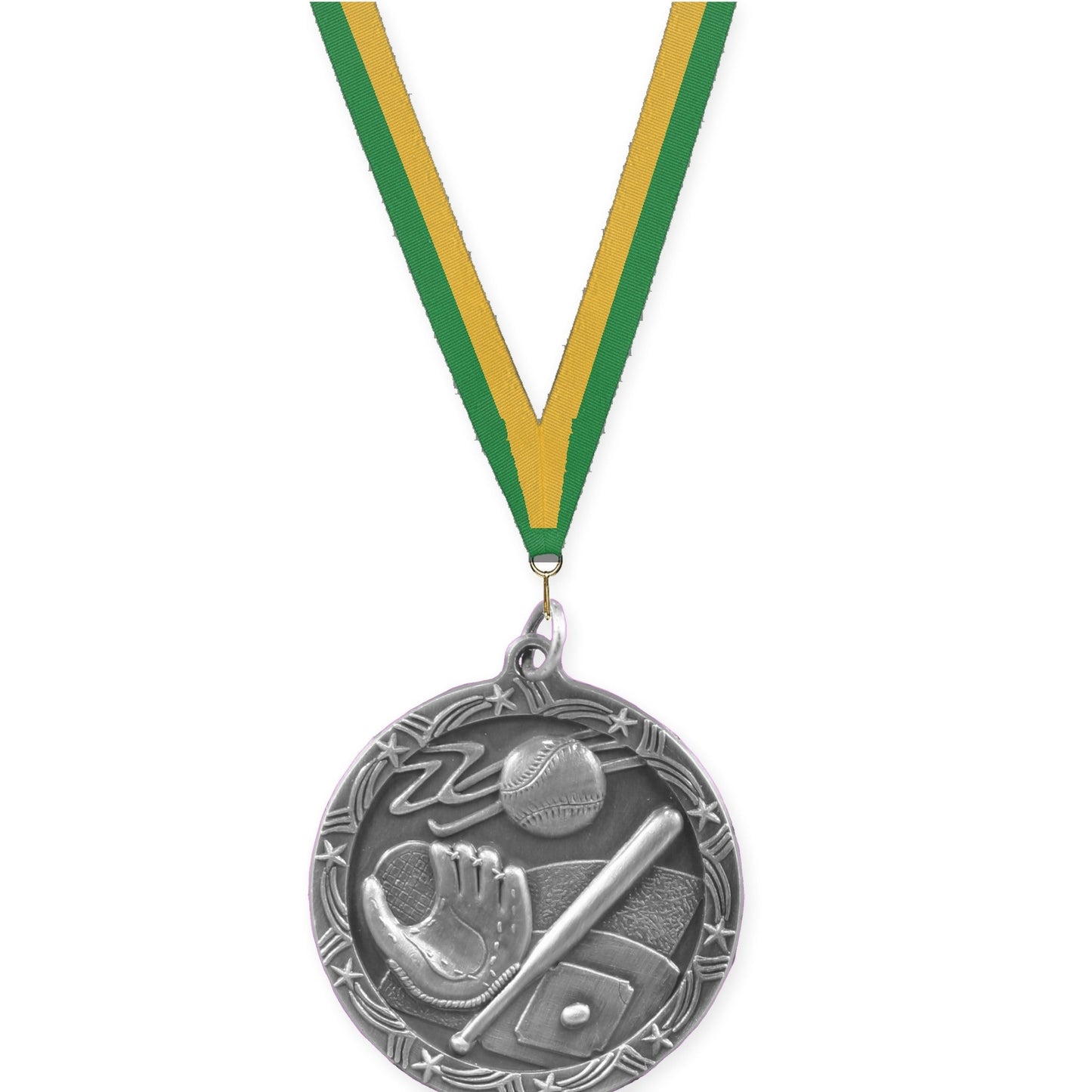 1 3/4 inch baseball and softball Shooting Star medal in antique silver with Green Gold neck ribbon