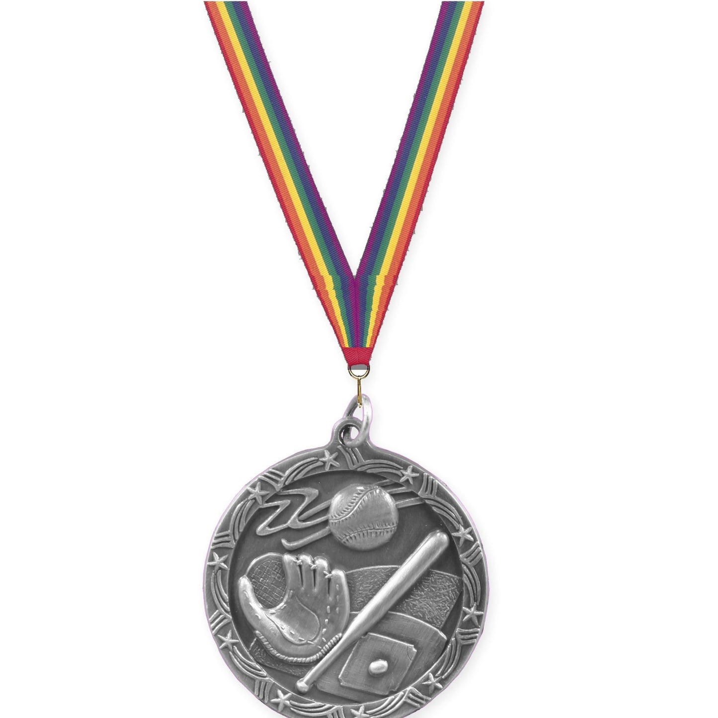 1 3/4 inch baseball and softball Shooting Star medal in antique silver with Rainbow neck ribbon