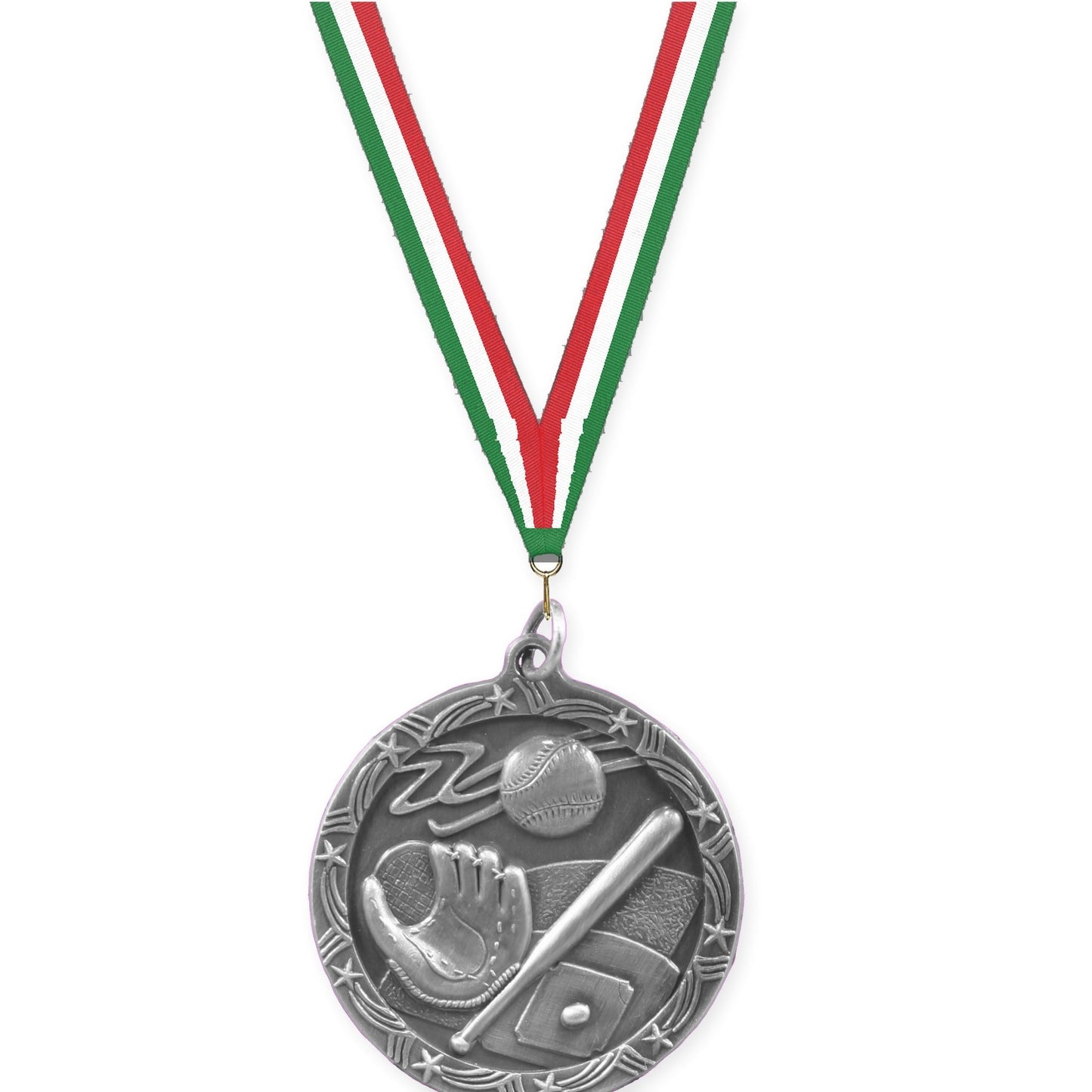 1 3/4 inch baseball and softball Shooting Star medal in antique silver with Green White Red neck ribbon