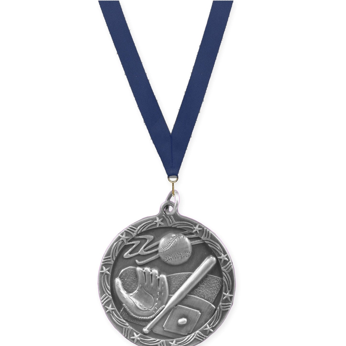 1 3/4 inch baseball and softball Shooting Star medal in antique silver with Navy neck ribbon