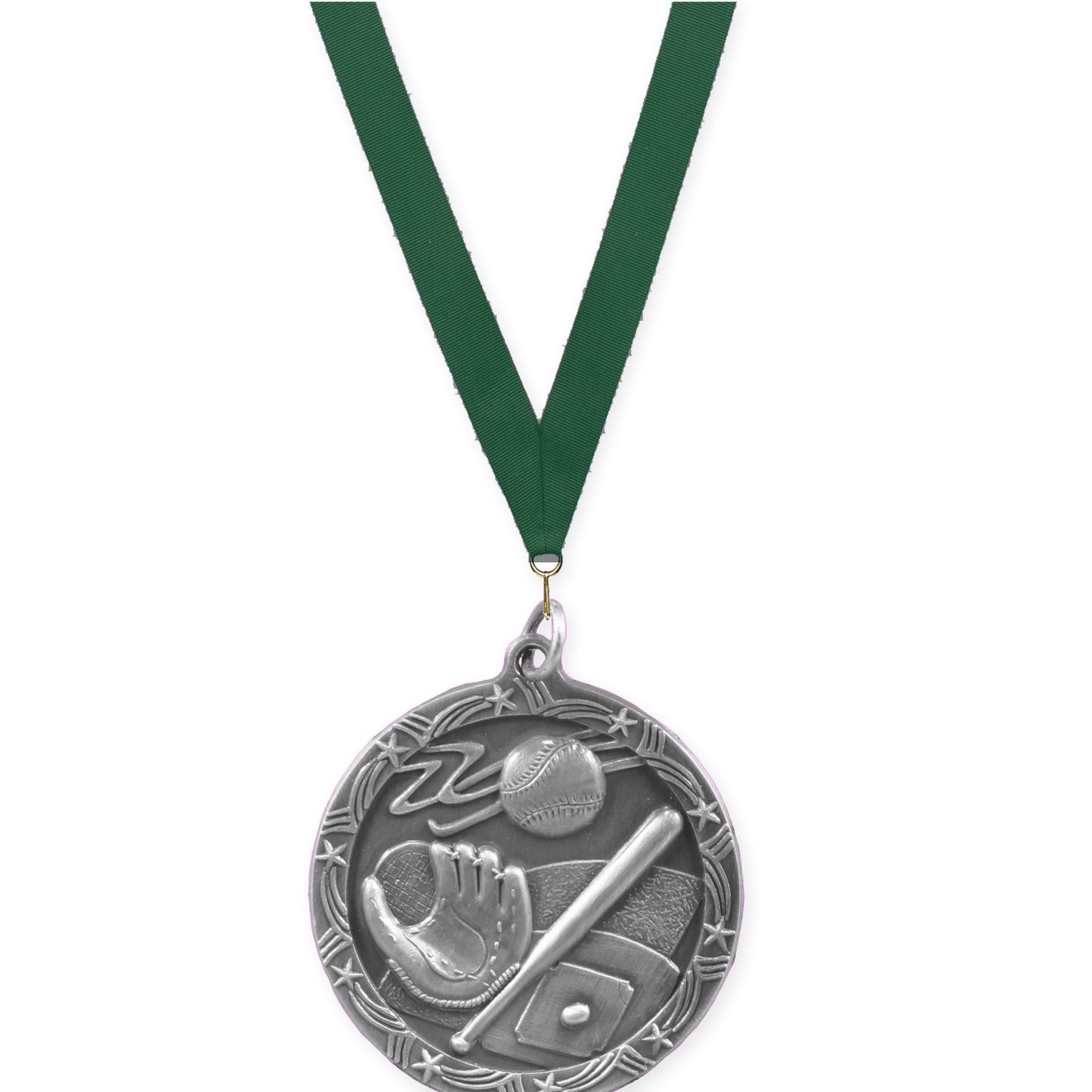 1 3/4 inch baseball and softball Shooting Star medal in antique silver with Hunter Green neck ribbon