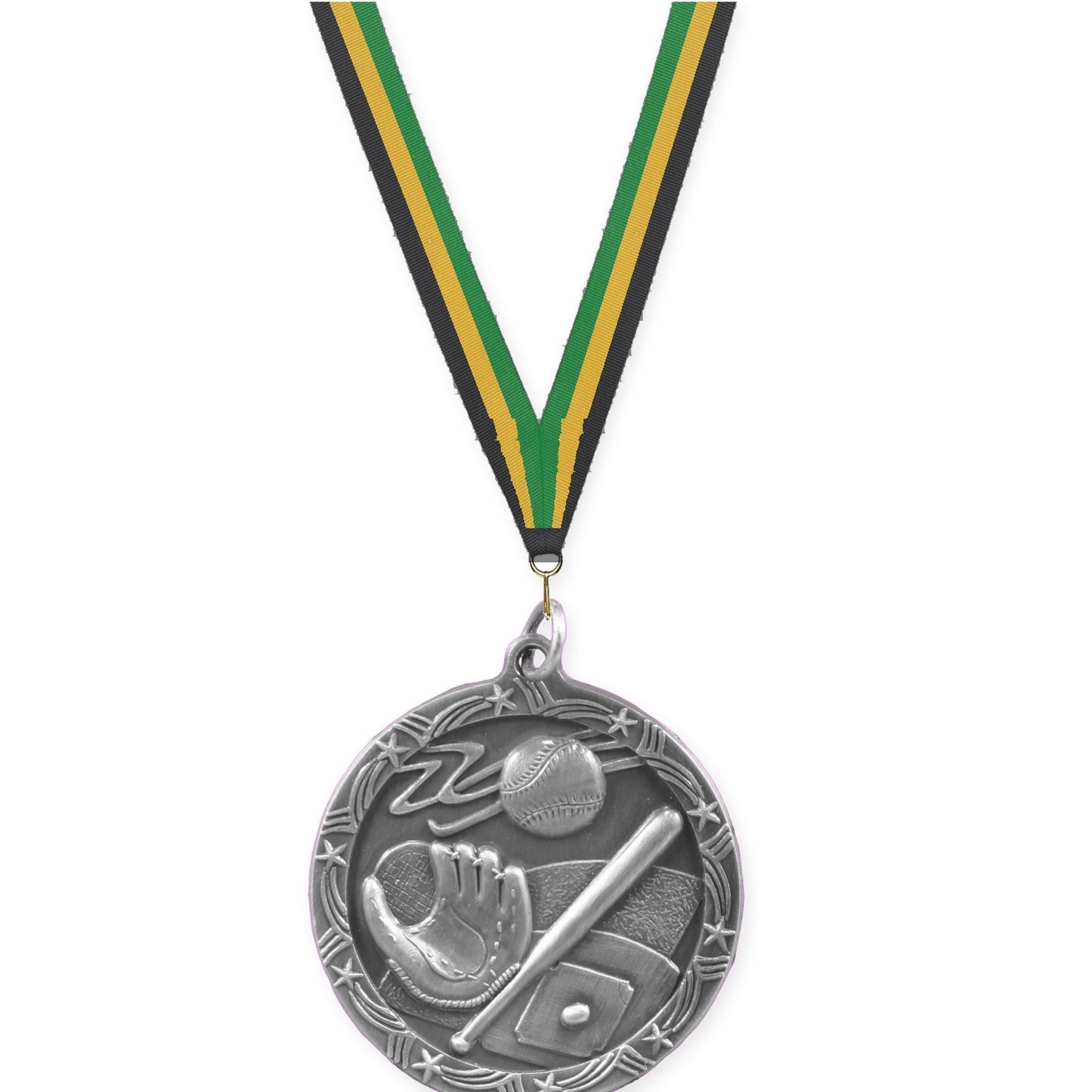 1 3/4 inch baseball and softball Shooting Star medal in antique silver with Black Gold Green neck ribbon