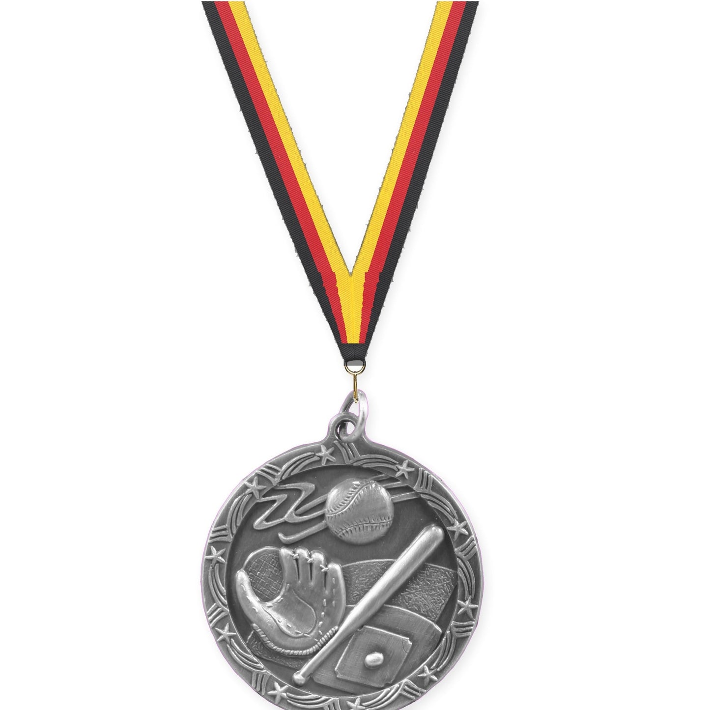1 3/4 inch baseball and softball Shooting Star medal in antique silver with Black Red Yellow neck ribbon