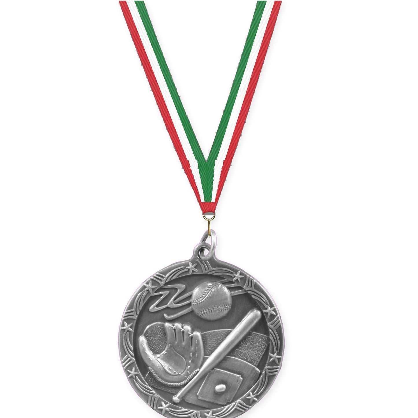 1 3/4 inch baseball and softball Shooting Star medal in antique silver with Red White Green neck ribbon