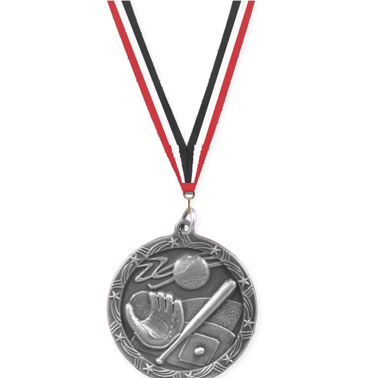 1 3/4 inch baseball and softball Shooting Star medal in antique silver with Red White Black neck ribbon