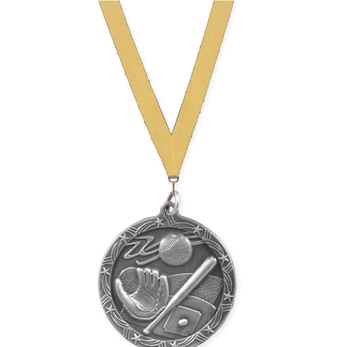 1 3/4 inch baseball and softball Shooting Star medal in antique silver with Gold Metallic neck ribbon