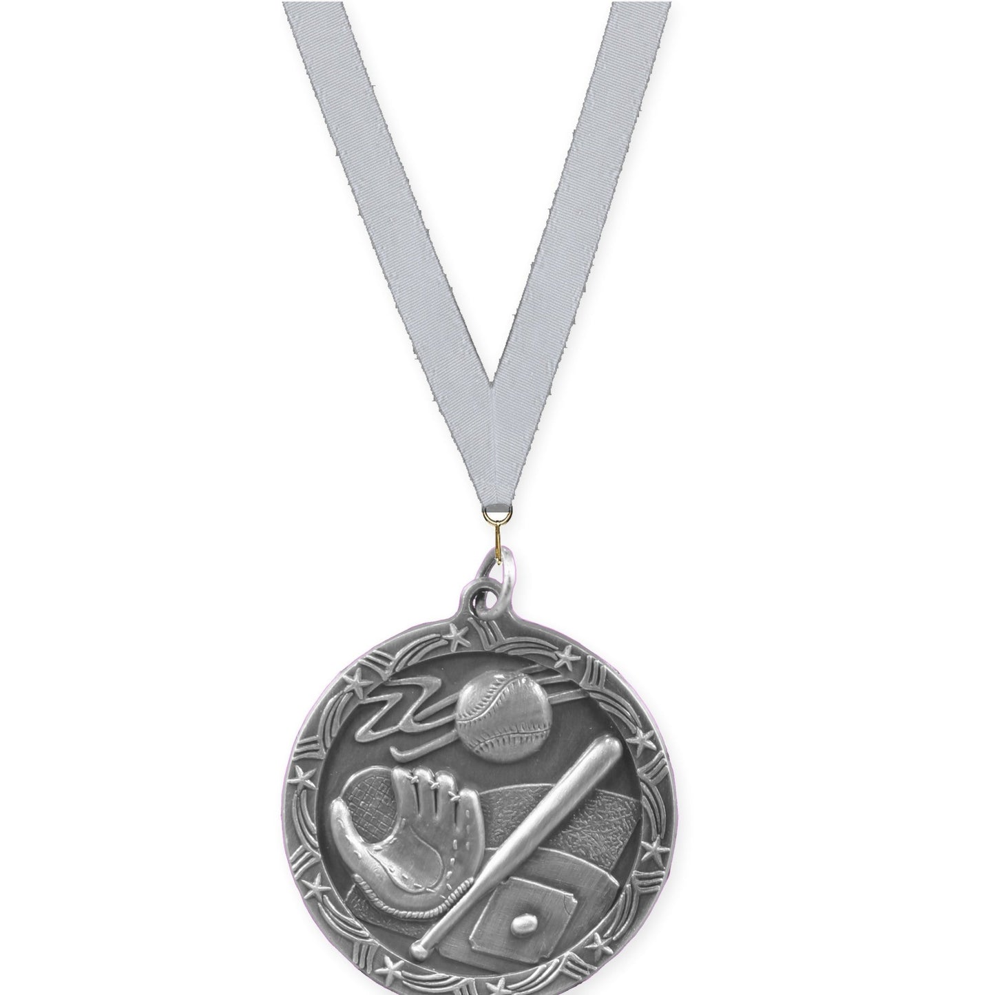 1 3/4 inch baseball and softball Shooting Star medal in antique silver with Silver Metallic neck ribbon