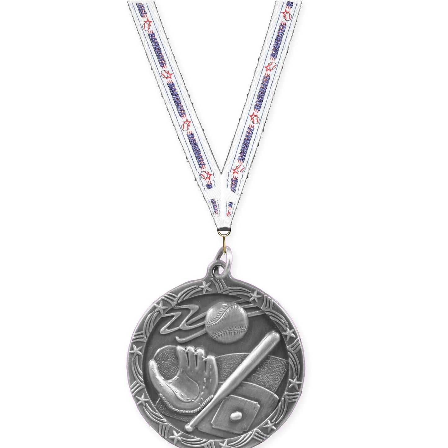 1 3/4 inch baseball and softball Shooting Star medal in antique silver with Baseball neck ribbon