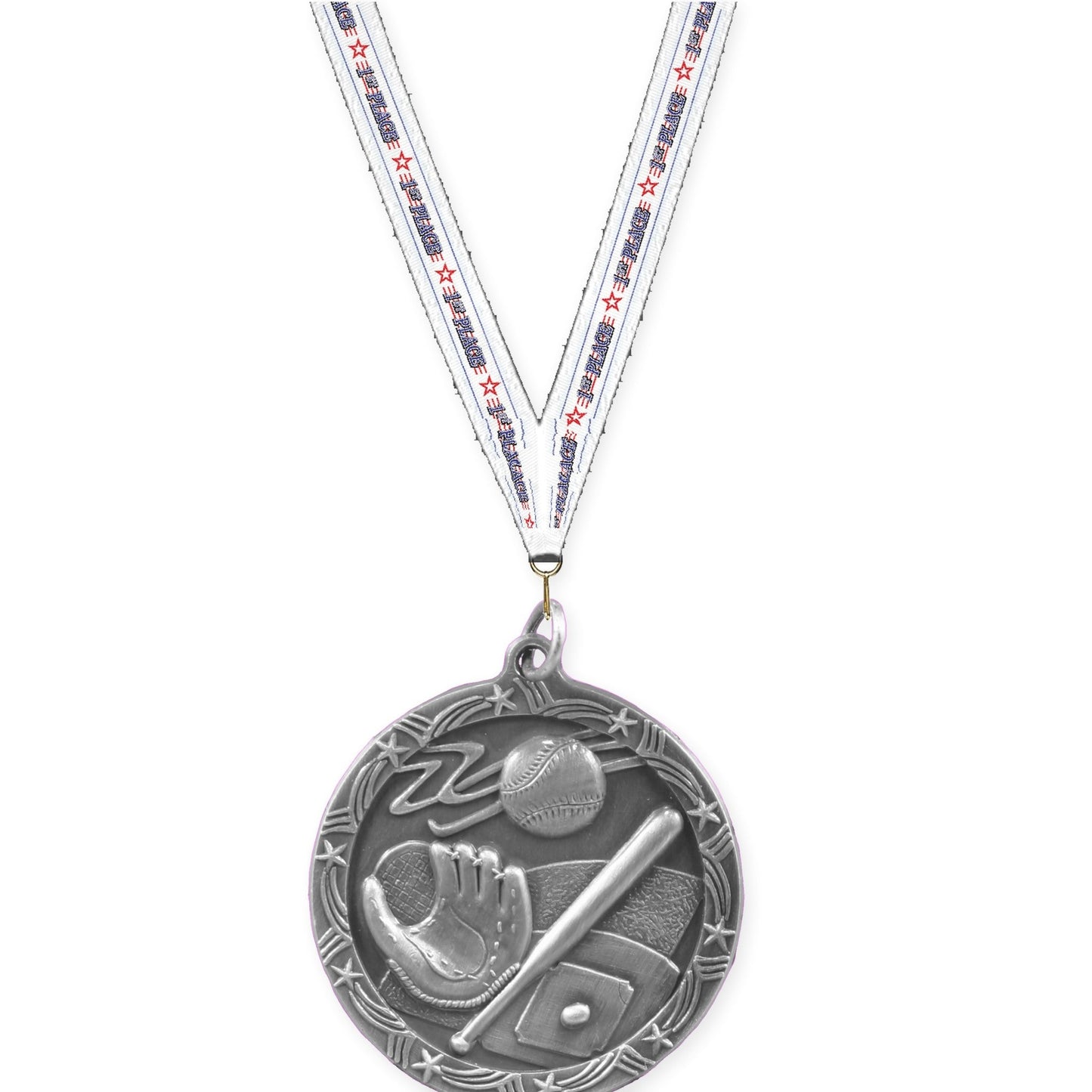 1 3/4 inch baseball and softball Shooting Star medal in antique silver with 1st Place neck ribbon