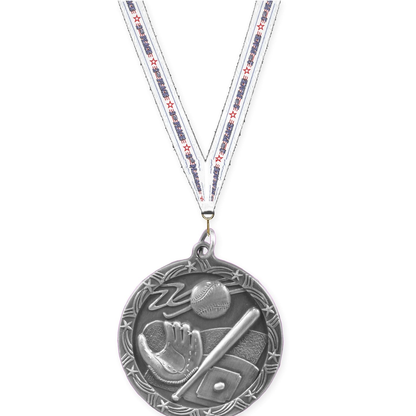 1 3/4 inch baseball and softball Shooting Star medal in antique silver with 2nd Place neck ribbon