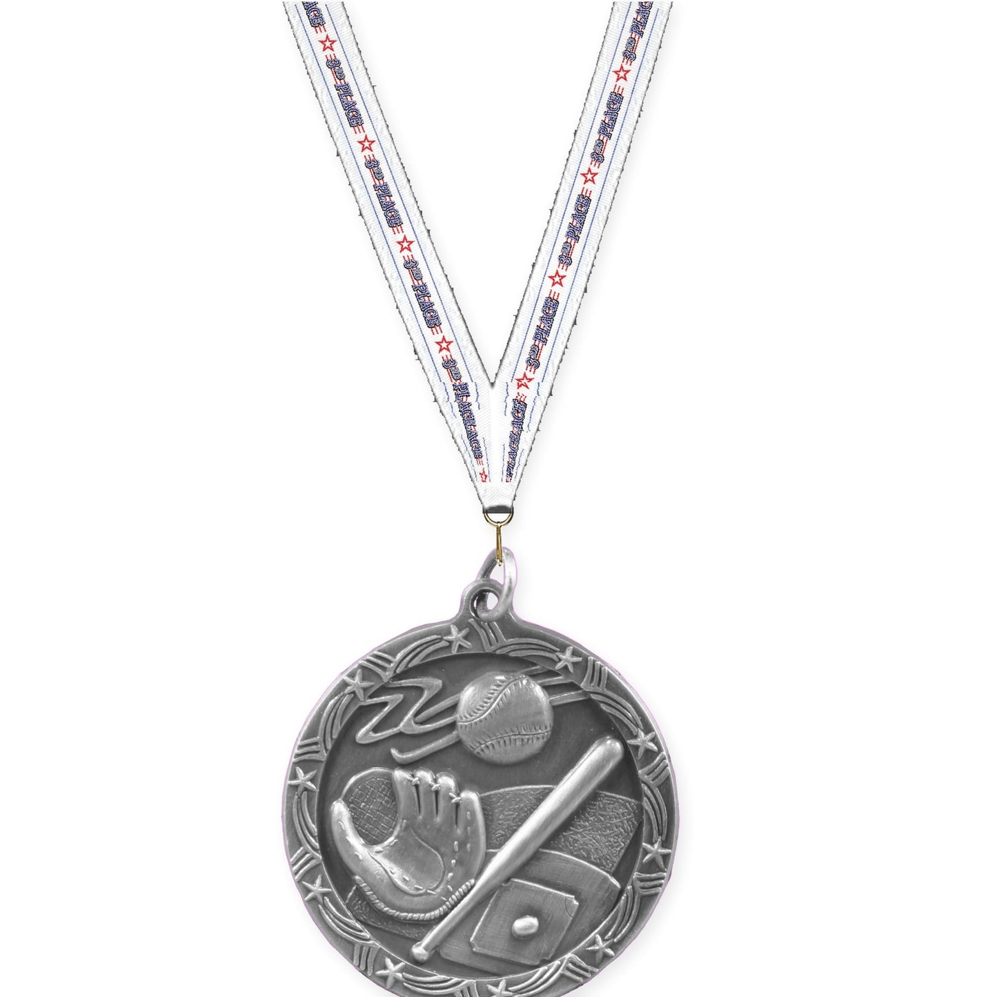 1 3/4 inch baseball and softball Shooting Star medal in antique silver with 3rd Place neck ribbon