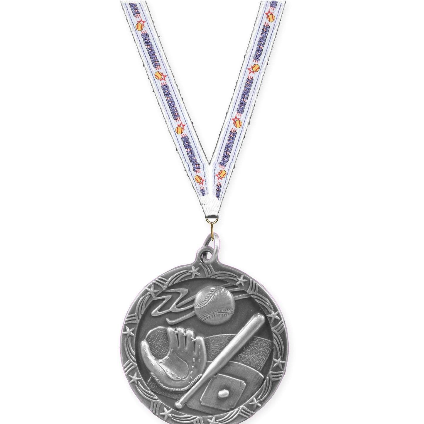 1 3/4 inch baseball and softball Shooting Star medal in antique silver with Softball neck ribbon