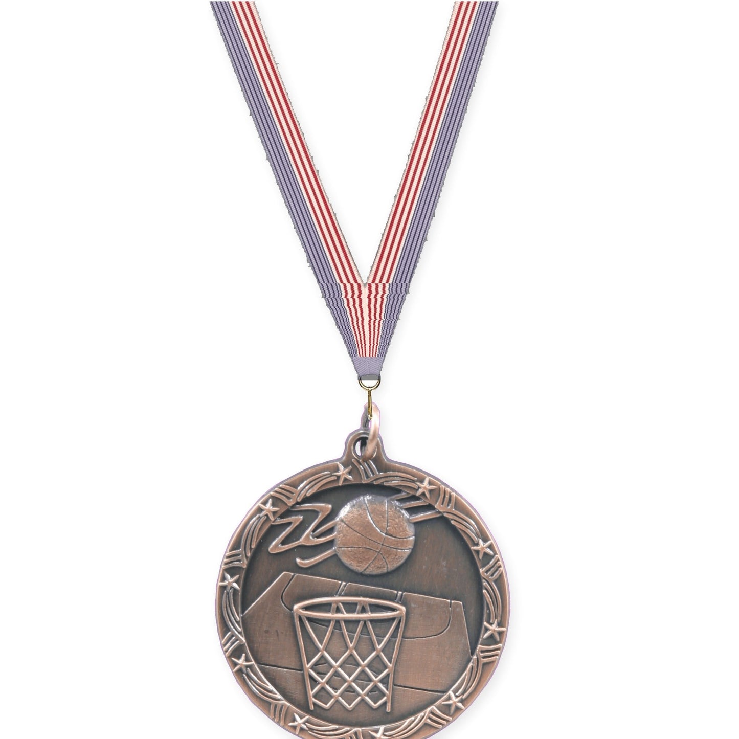 1 3/4 inch basketball Shooting Star medal in antique bronze with USA Flag neck ribbon