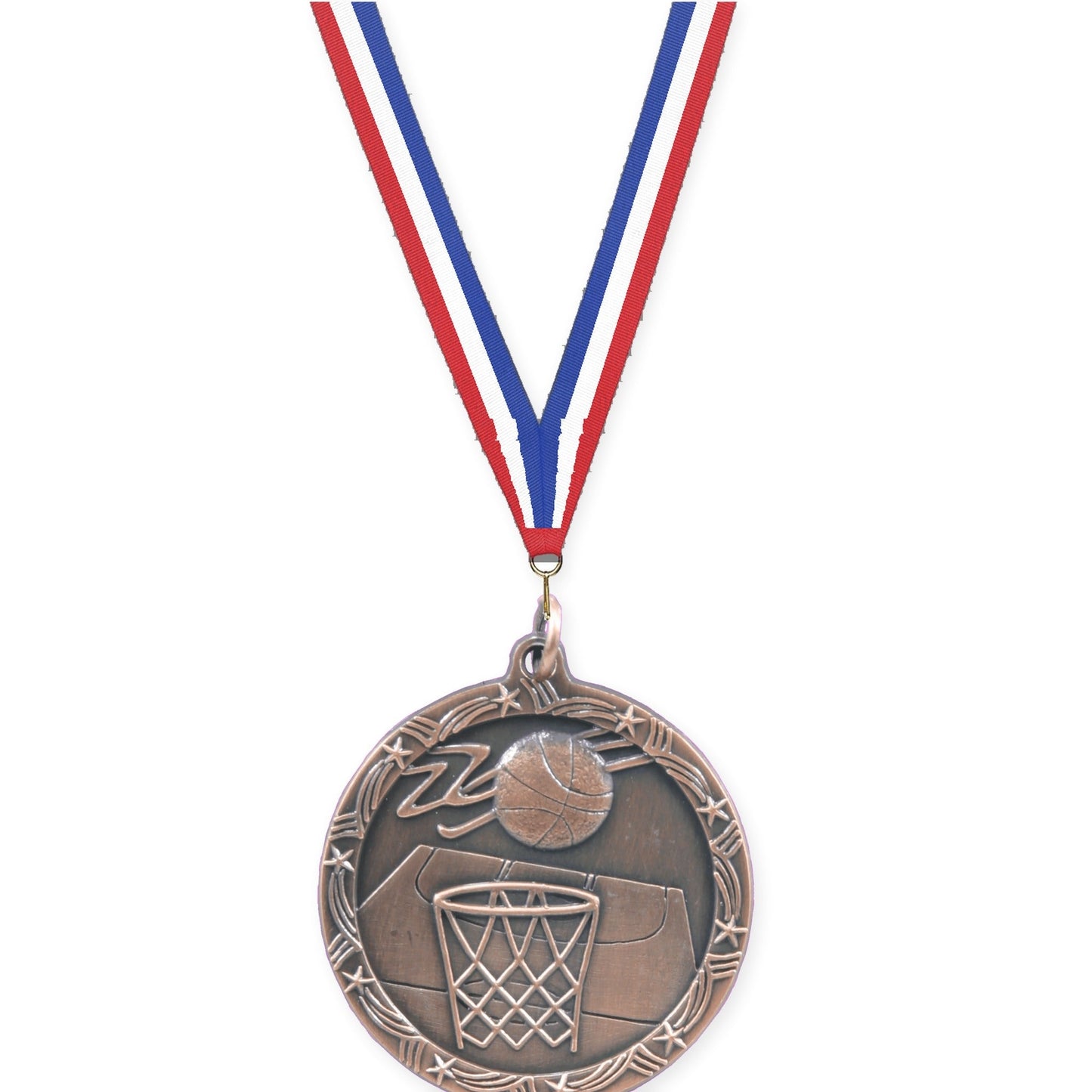 1 3/4 inch basketball Shooting Star medal in antique bronze with Red White Blue neck ribbon