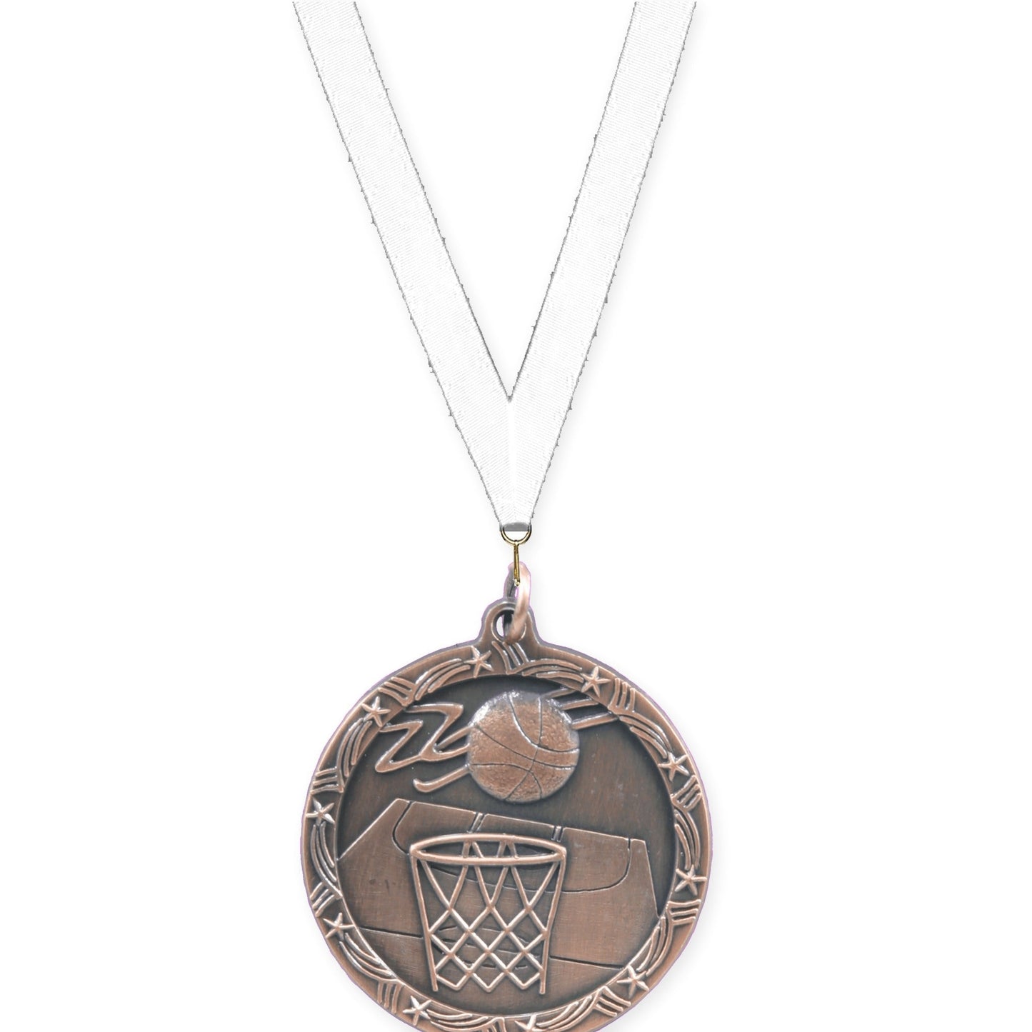 1 3/4 inch basketball Shooting Star medal in antique bronze with White neck ribbon