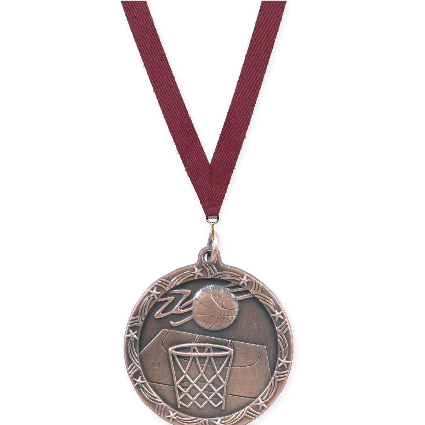 1 3/4 inch basketball Shooting Star medal in antique bronze with Maroon neck ribbon