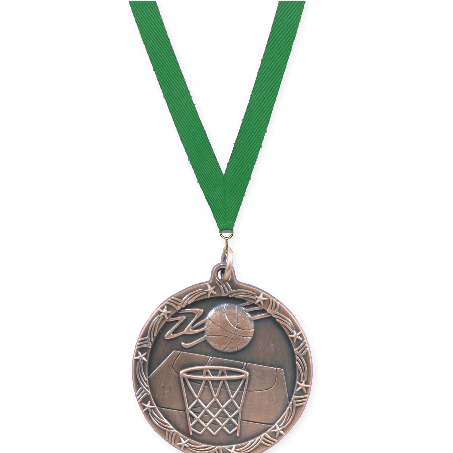 1 3/4 inch basketball Shooting Star medal in antique bronze with Green neck ribbon