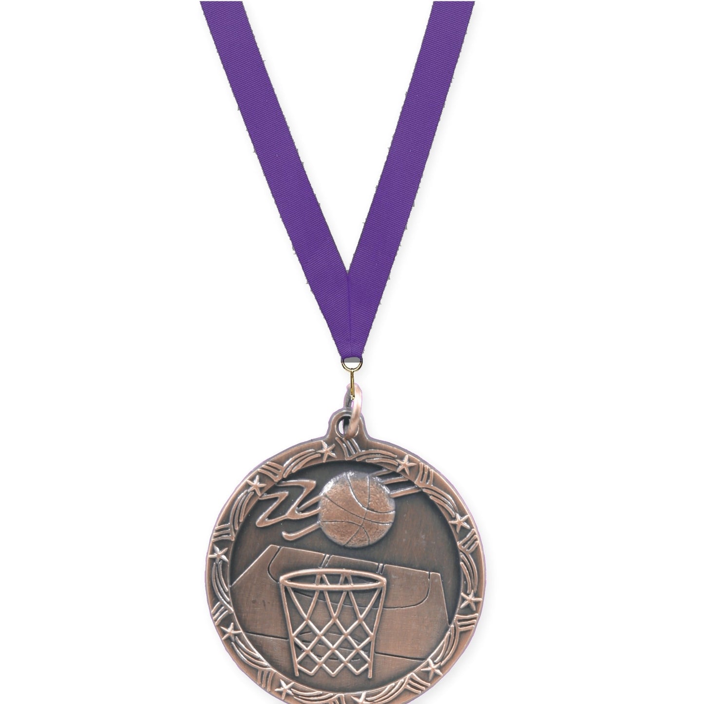 1 3/4 inch basketball Shooting Star medal in antique bronze with Purple neck ribbon
